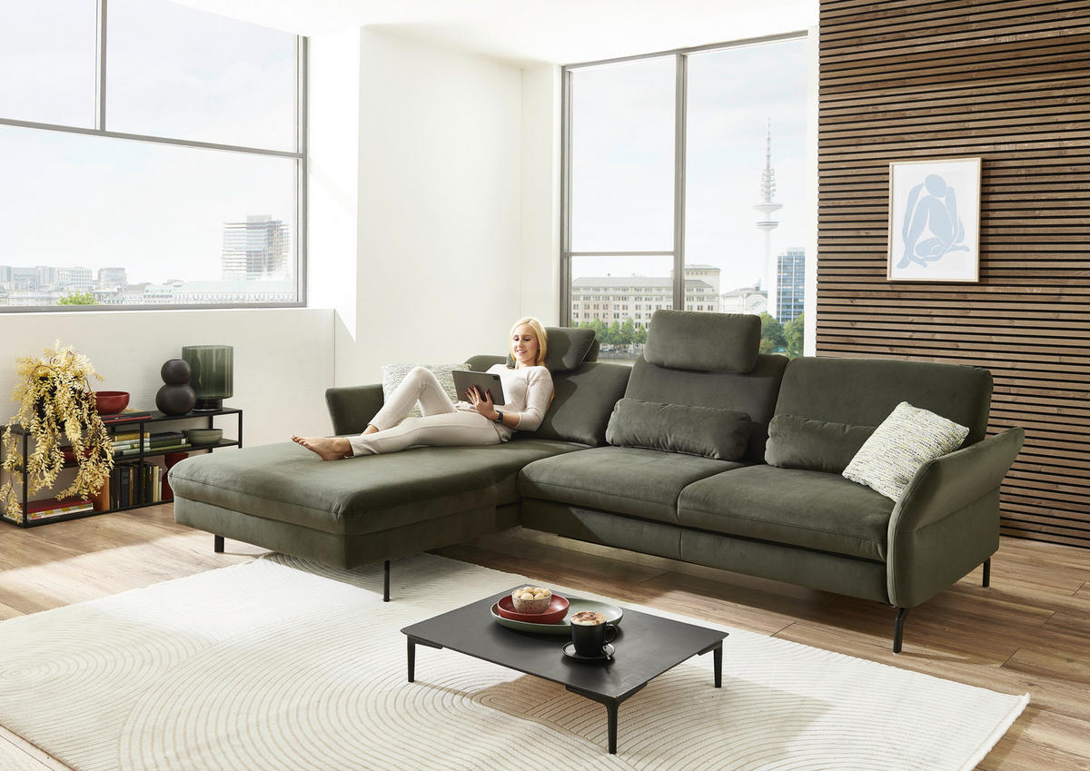 ECKSOFA in Velours Olivgrün  - Schwarz/Olivgrün, Design, Textil/Metall (179/306cm) - Beldomo System