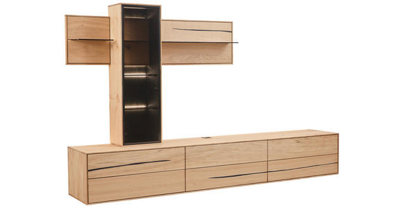 WOHNWAND 3-teilig  in Braun, Schwarz, Eichefarben  280/195/50 cm  - Eichefarben/Schwarz, Natur, Glas/Holz (280/195/50cm) - Waldwelt