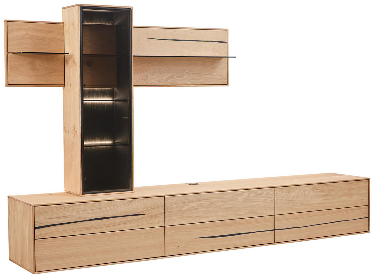 WOHNWAND 3-teilig  in Braun, Schwarz, Eichefarben  280/195/50 cm  - Eichefarben/Schwarz, Natur, Glas/Holz (280/195/50cm) - Waldwelt