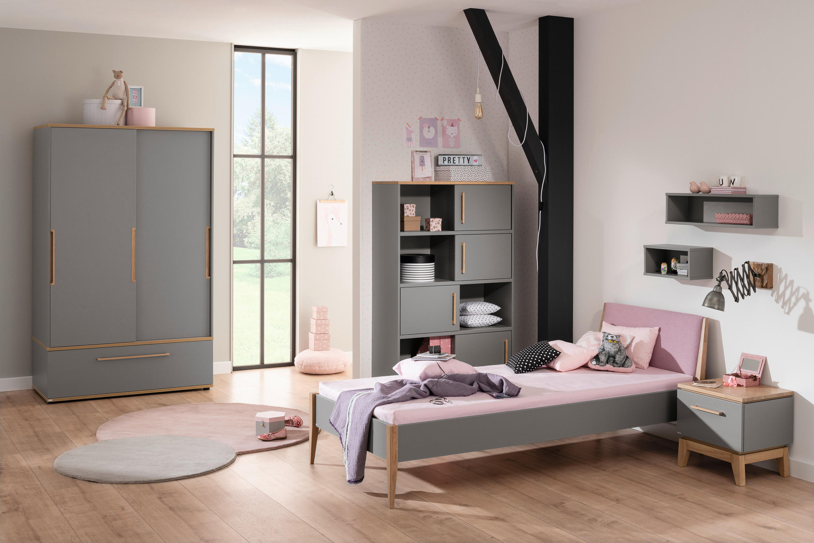  SCHIEBETÜRENSCHRANK 124/200/62 cm 2-türig  - Eichefarben/Grau, Design, Holz/Holzwerkstoff (124/200/62cm) - Paidi