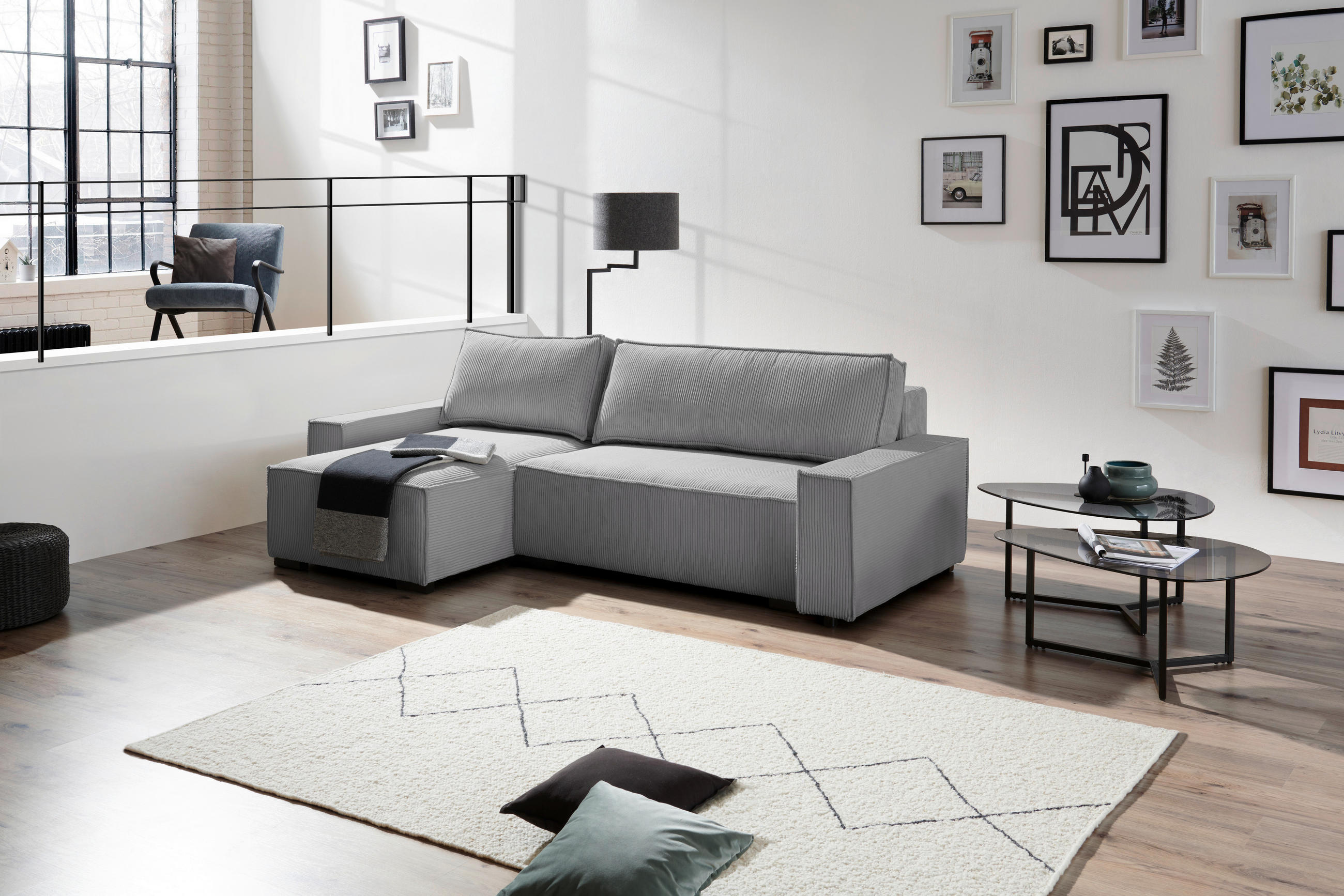 ECKSOFA in Cord, Webstoff Grau  - Schwarz/Grau, Modern, Holz/Textil (157/265cm) - Carryhome