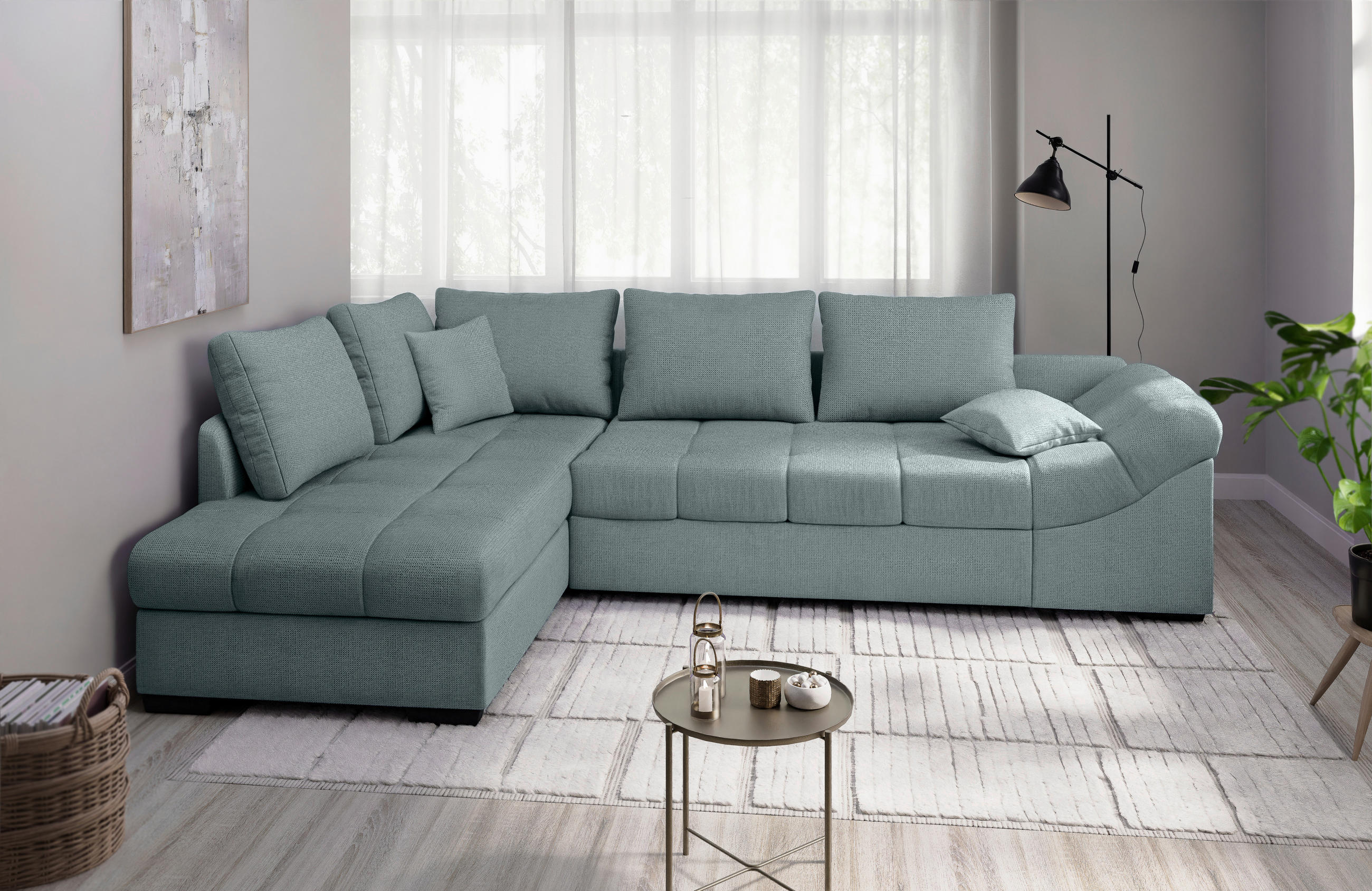 ECKSCHLAFSOFA Alvito in Chenille Mintgrün  - Schwarz/Mintgrün, MODERN, Holz/Textil (202/298cm) - MID.YOU