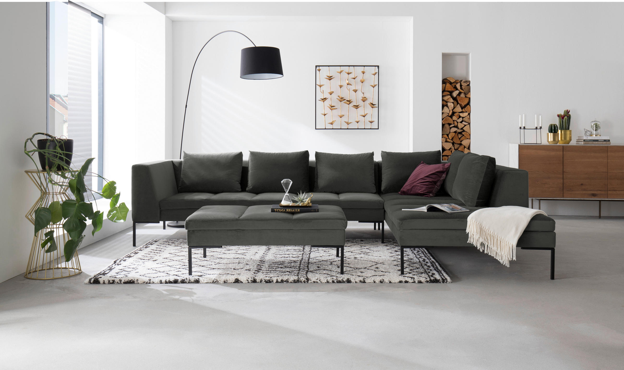 ECKSOFA Grün Velours  - Schwarz/Grün, Design, Textil/Metall (323/230cm) - home24