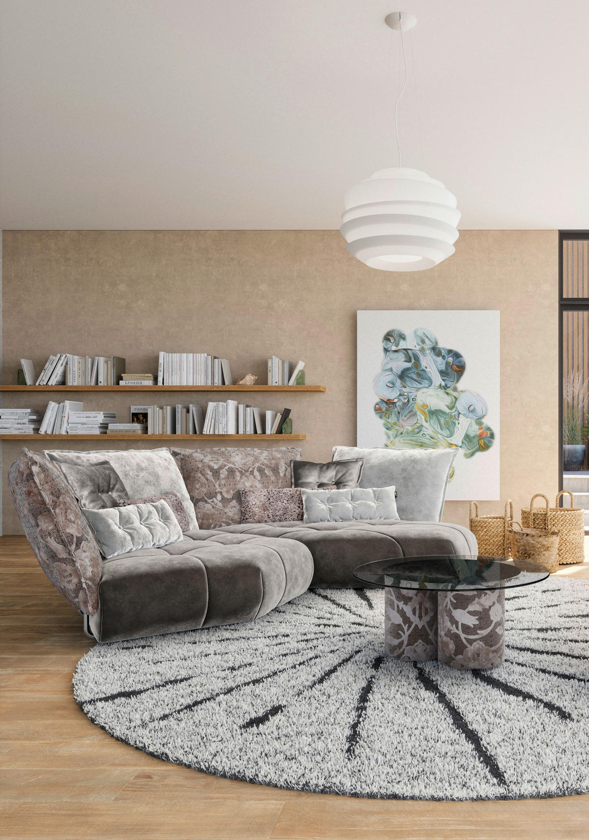 ECKSOFA in Velours Grau, Greige  330/223 cm  - Greige/Grau, Trend, Textil (330/223cm) - Bretz