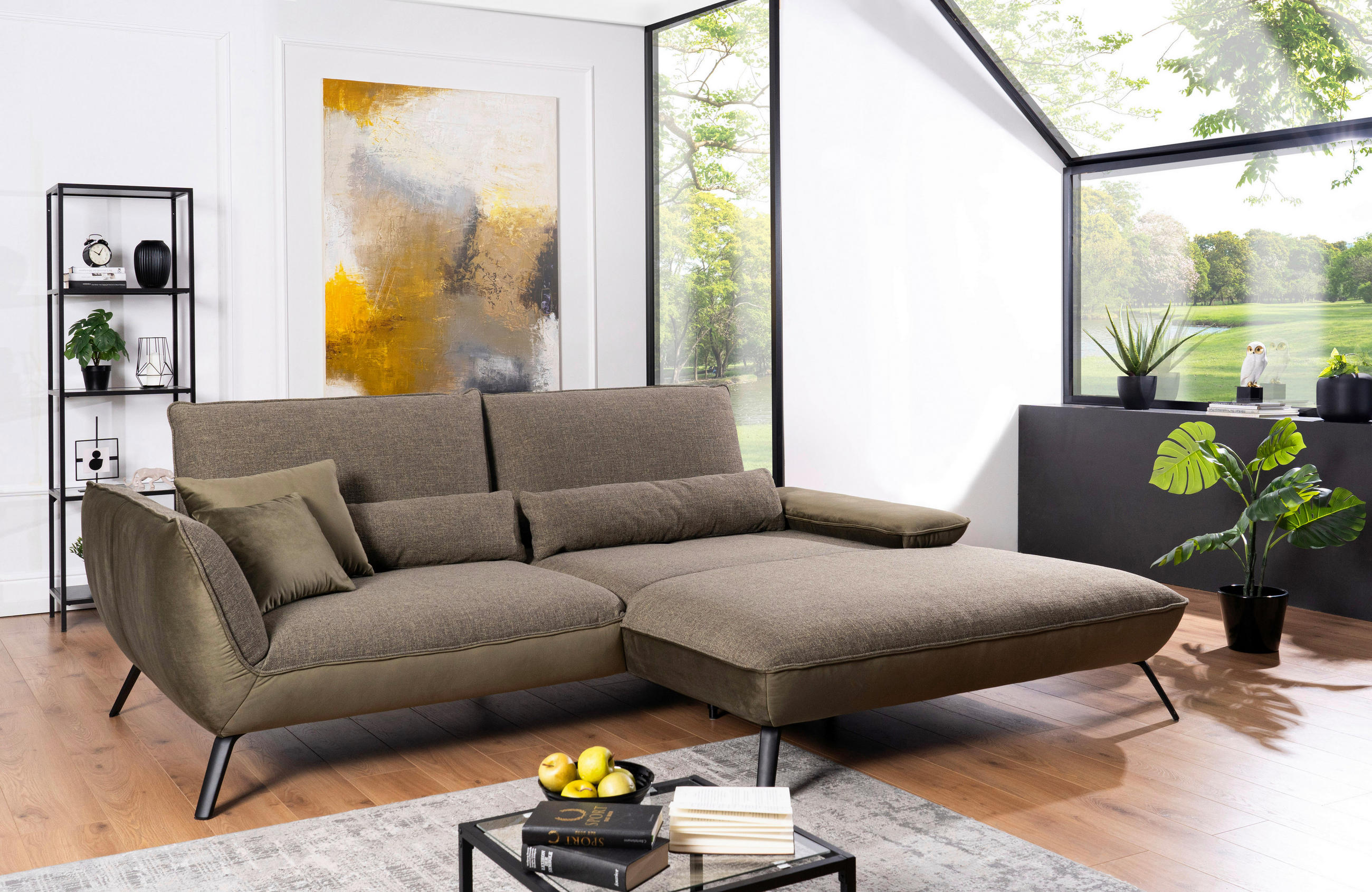 ECKSOFA in Flachgewebe Olivgrün  - Schwarz/Olivgrün, Design, Textil/Metall (273/191cm) - Moderano