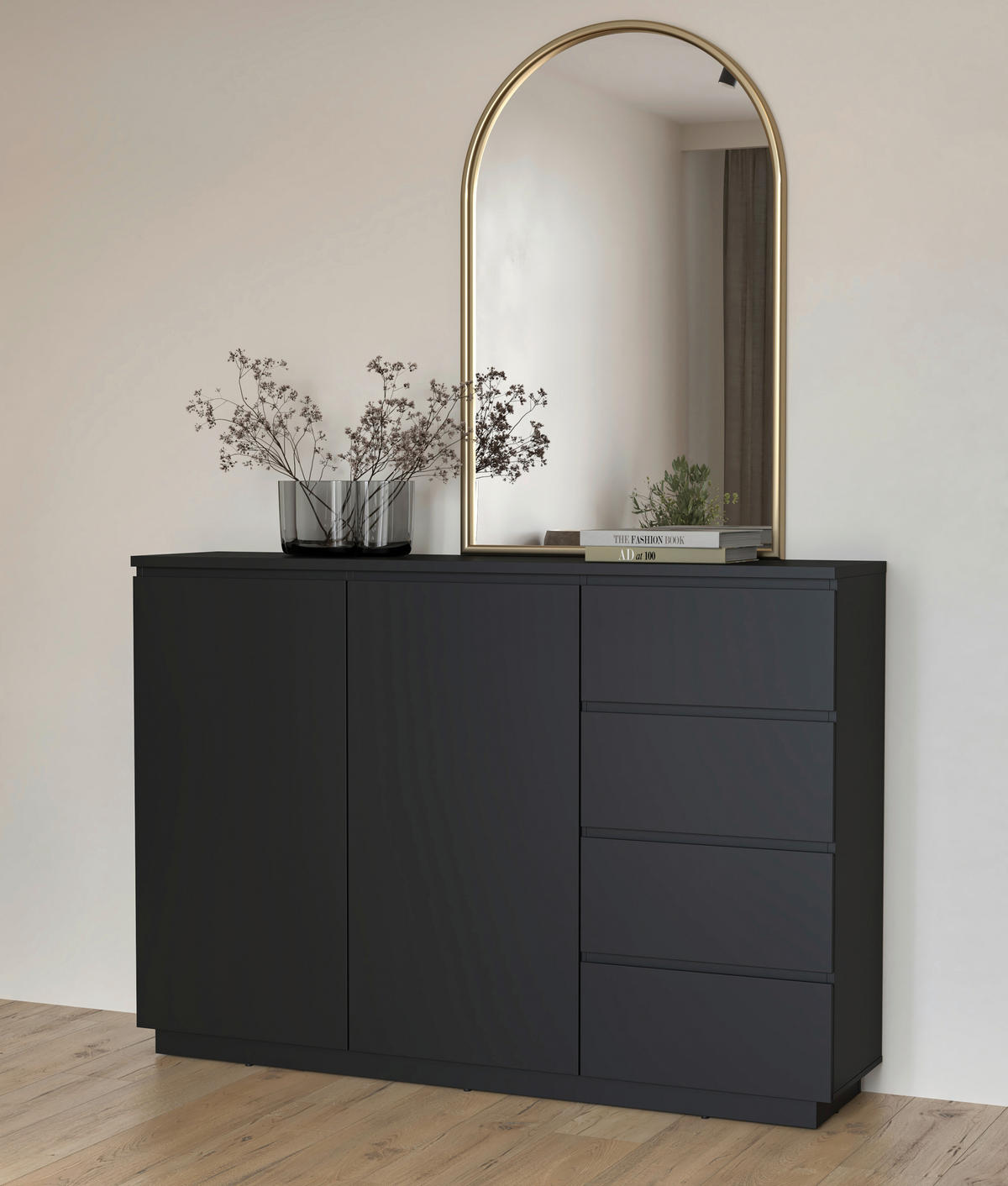 HIGHBOARD Bilbao 150/104,5/34,5 cm 4 Schublade(n)  - Schwarz, Design, Holzwerkstoff (150/104,5/34,5cm) - MID.YOU
