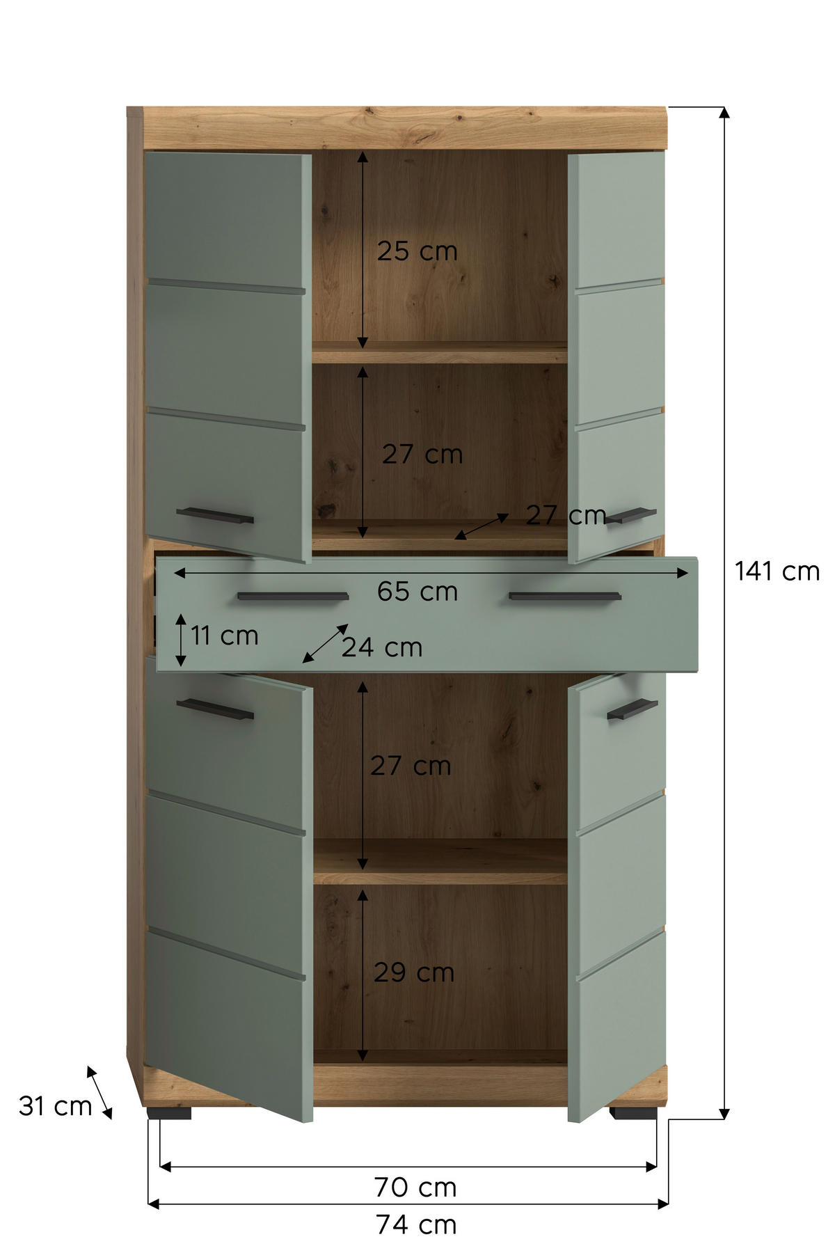 SREDNJE VISOKA OMARA 74/141/31 cm  - črna/žajbljevo zelena, Moderno, umetna masa/leseni material (74/141/31cm) - MID.YOU