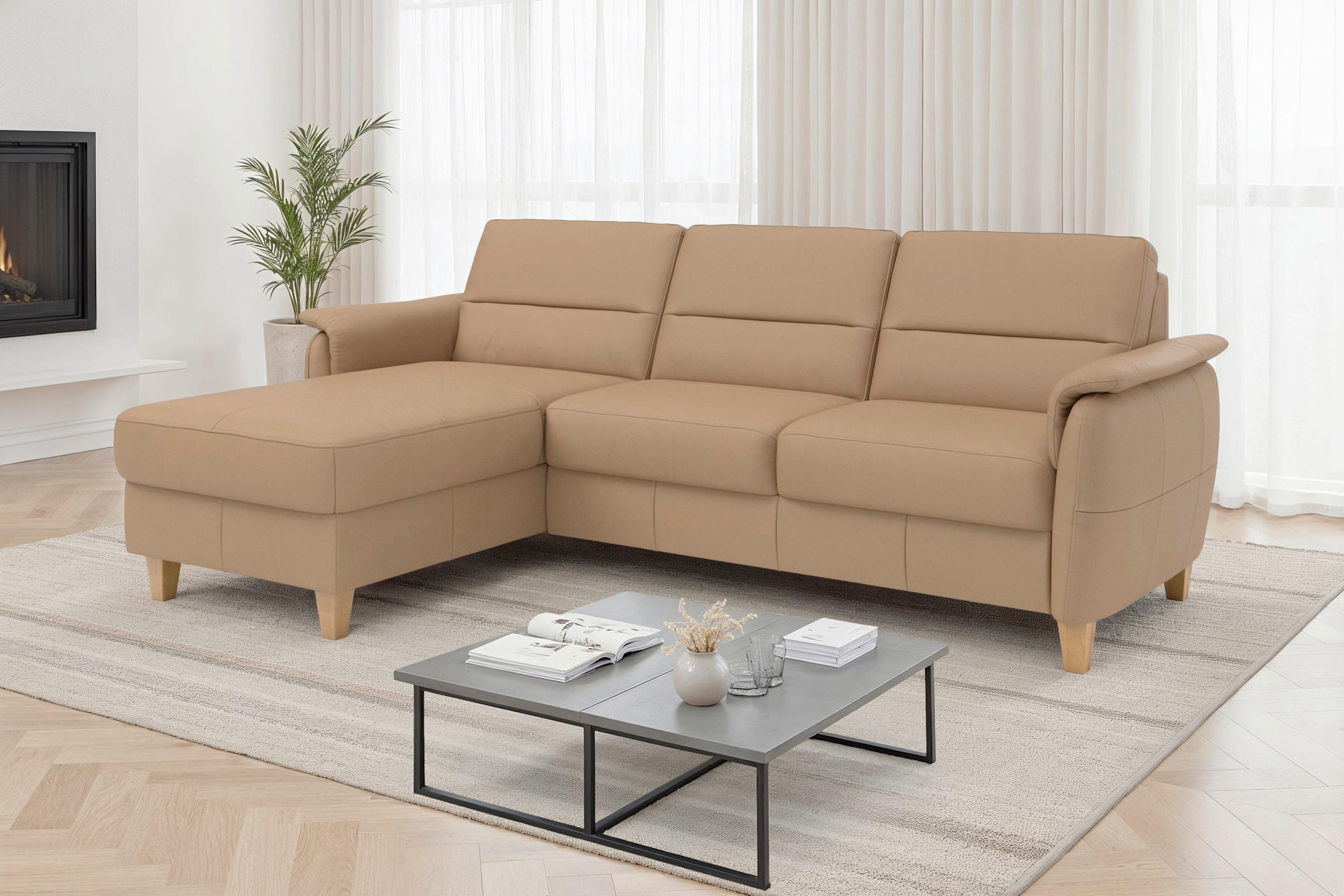 ROHOVÁ SEDAČKA, koža, cappuccino - farba duba/cappuccino, Basics, koža/drevo (163/244cm) - Sit & More