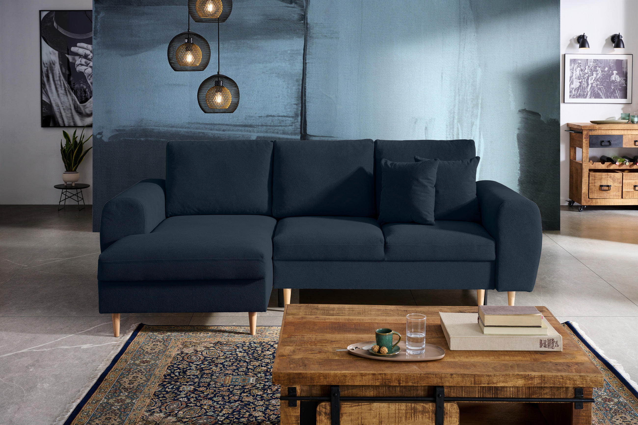 Thumbnail - Carryhome Ecksofa, Dunkelblau, Textil, Buche, vollmassiv, 3-Sitzer, Füllung: Polyurethan (PUR),Polyurethan (Pur), Ottoma...