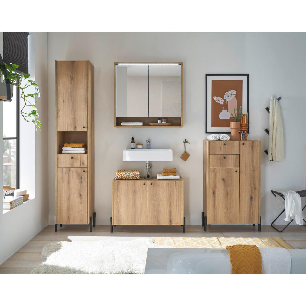 Thumbnail - Mid.you Midischrank, Eiche, Kunststoff, 3 Fächer, 2 Schubladen, 60x104x32 cm, Made in EU, Badezimmer, Badezimmerschränke...