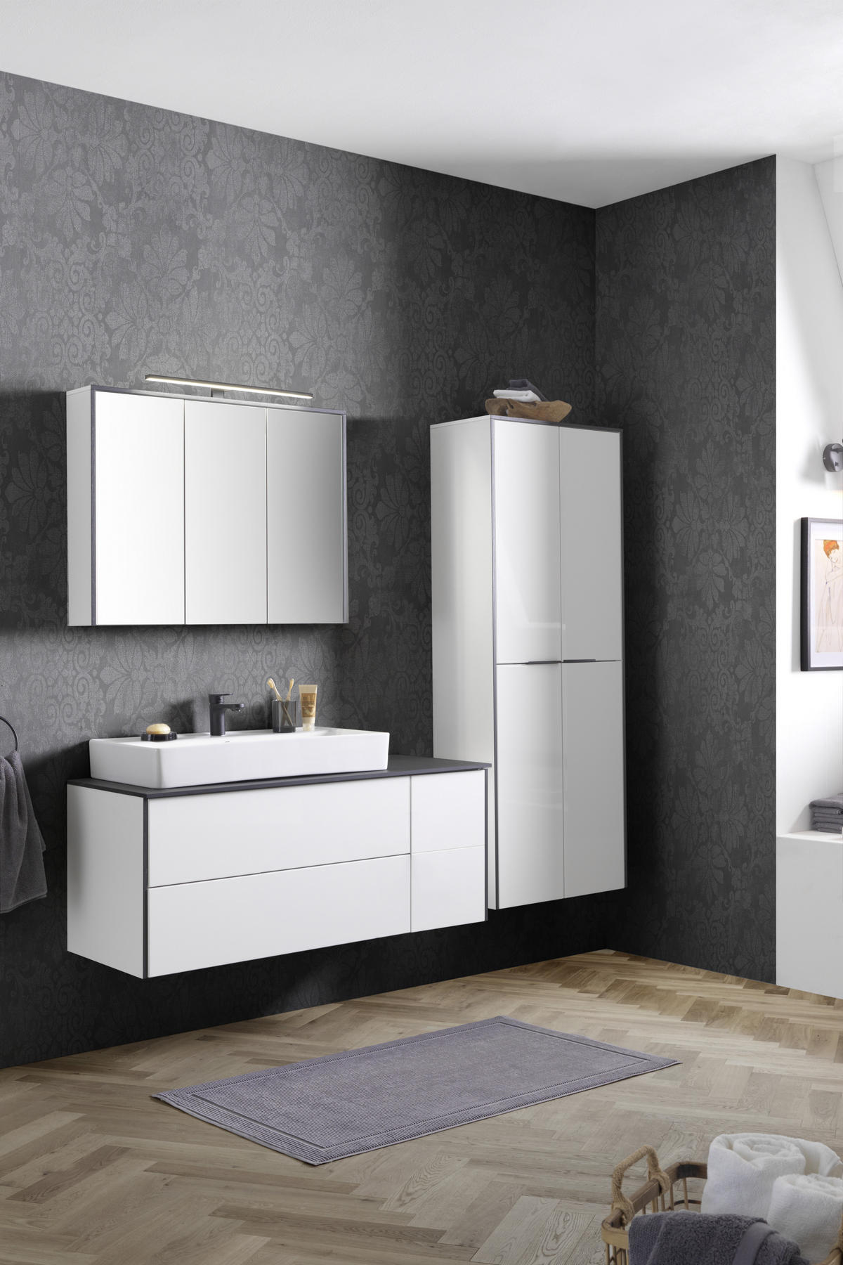 WASCHTISCHKOMBI 122 cm  - Weiß Hochglanz/Schwarz, KONVENTIONELL, Glas/Keramik (122cm) - Voleo
