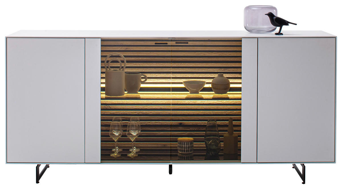 SIDEBOARD YONNA Weiss, Eichefarben  203/80/44 cm  - Weiss/Eichefarben, Design, Glas/Holz (203/80/44cm) - Schöner Wohnen