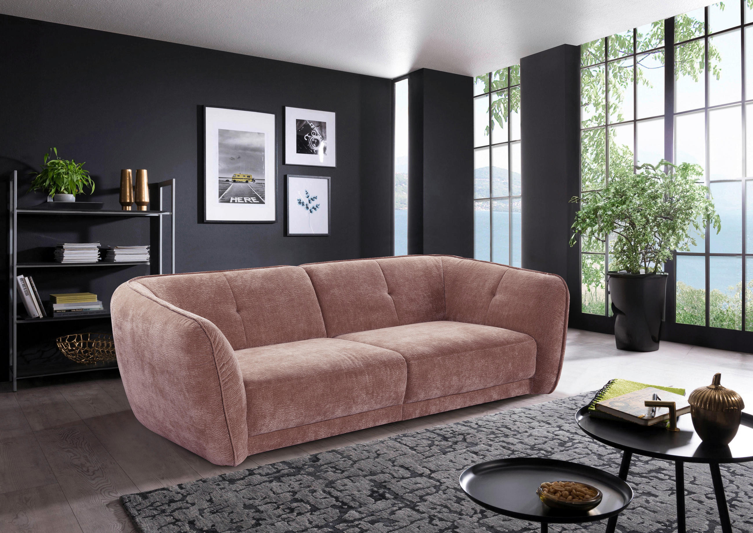 BIGSOFA Chenille Rosa  - Schwarz/Rosa, KONVENTIONELL, Kunststoff/Textil (290/86/121cm) - Cantus