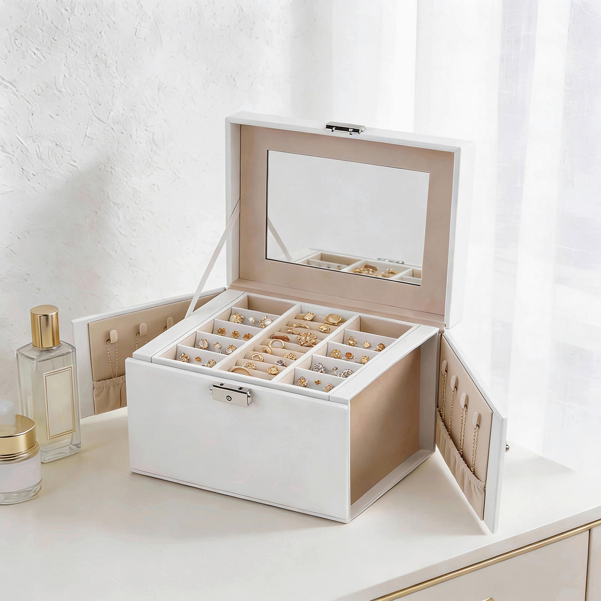 SCHMUCKKÄSTCHEN - Beige/Weiß, Trend, Leder/Holzwerkstoff (22,5/16,5/17,5cm) - Boxxx