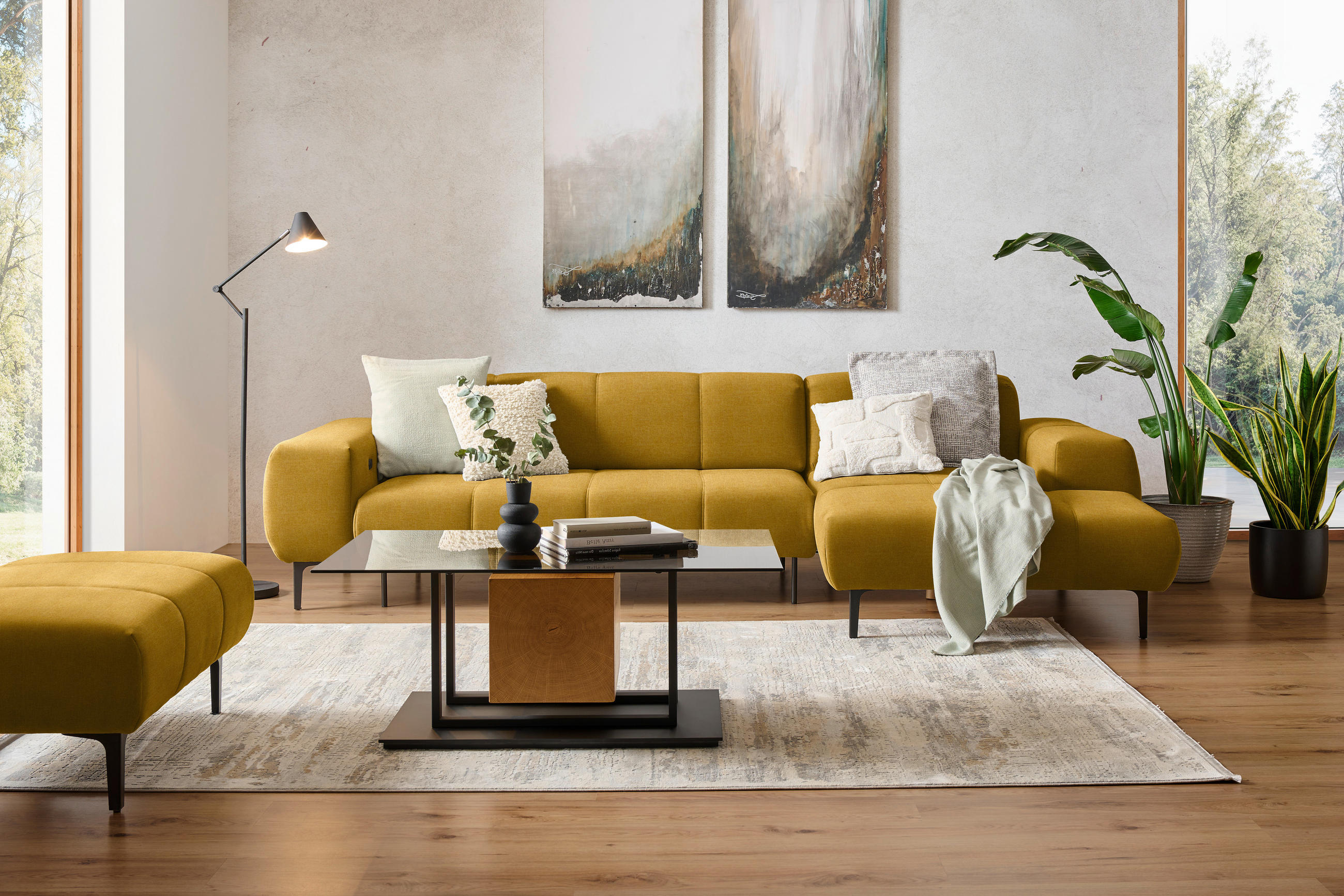 ECKSOFA in Chenille Currygelb  - Currygelb/Schwarz, Design, Textil/Metall (311/167cm) - Xora