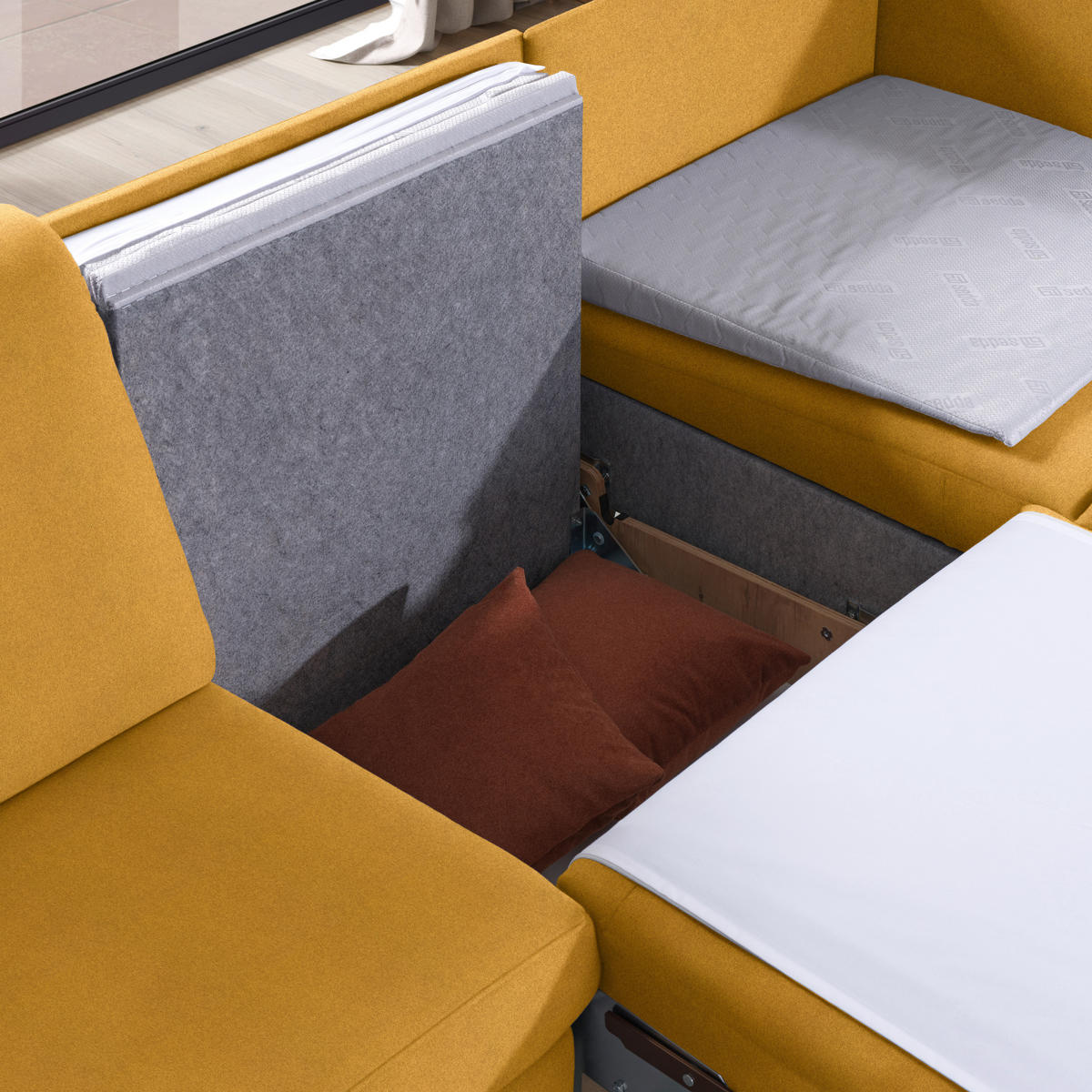 ECKSOFA in Flachgewebe Senfgelb  261/203 cm  - Eichefarben/Senfgelb, KONVENTIONELL, Holz/Textil (261/203cm) - Sedda