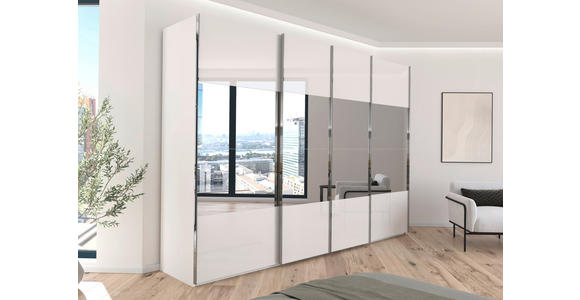 SCHWEBETÜRENSCHRANK  in Weiß  - Chromfarben/Weiß, Design, Glas/Holzwerkstoff (316/235/68cm) - Novel