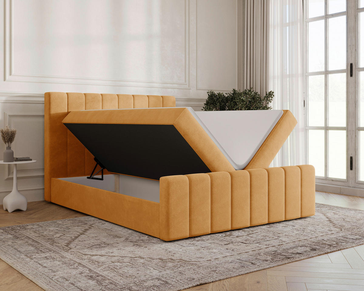 BOXBETT 160/200 cm,  in Currygelb, Bettkasten, Topper, H2 + H3 = mittel + fest  - Currygelb/Schwarz, MODERN, Holz/Kunststoff (160/200cm) - Livetastic