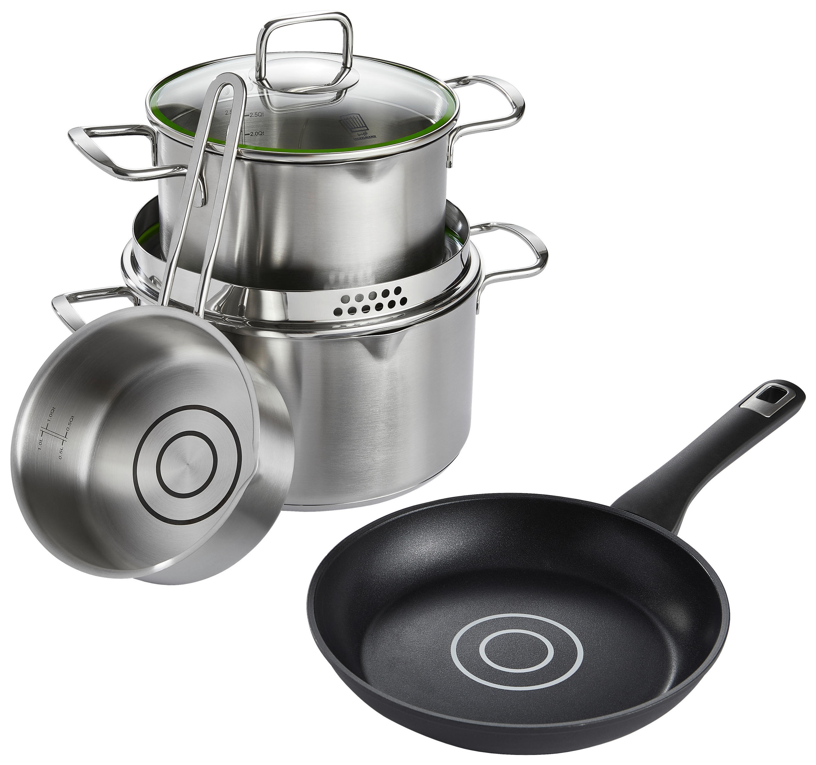 KOCHTOPFSET 4-teilig  - Edelstahlfarben/Schwarz, Basics, Glas/Metall - Chefkoch+Fackelmann