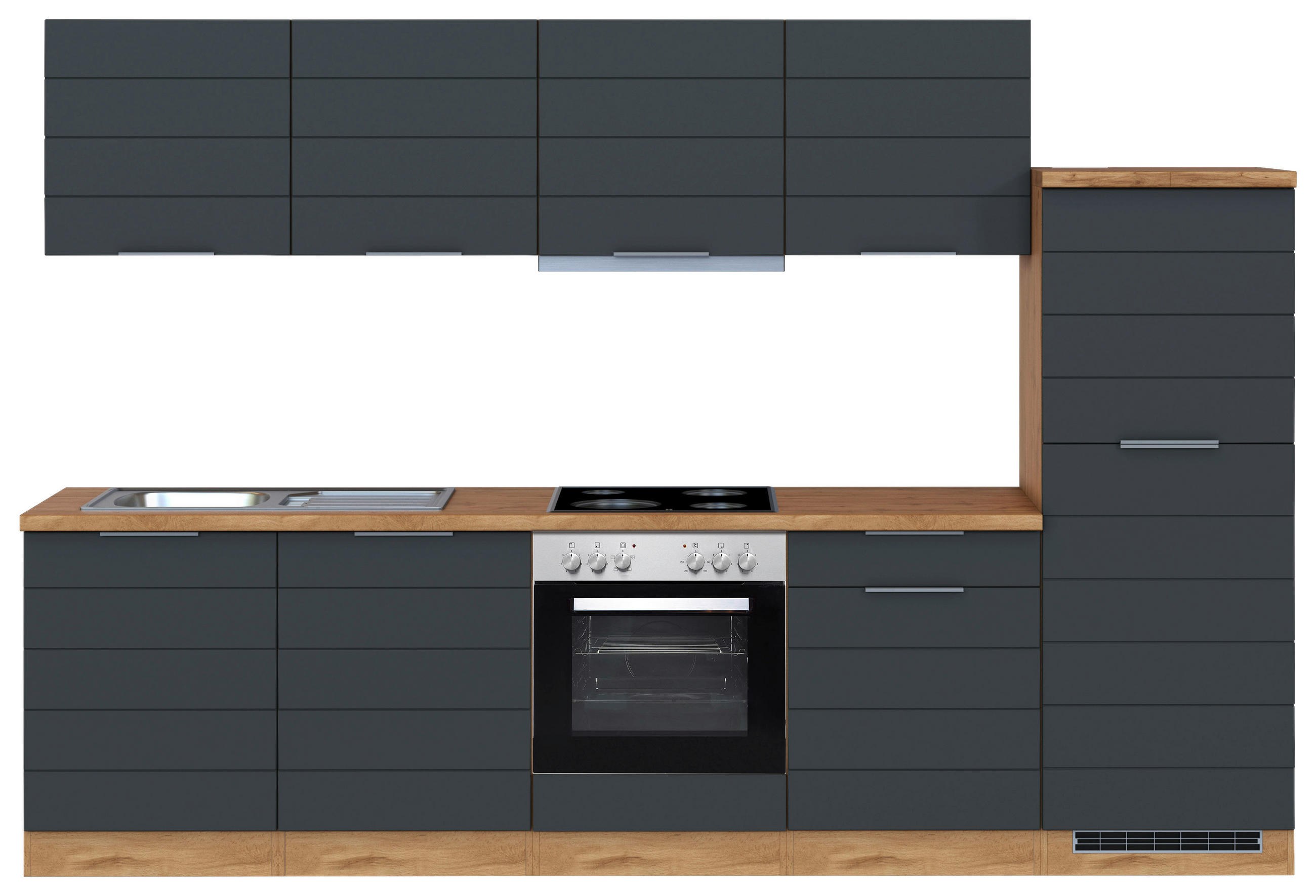 KÜCHENBLOCK 300 cm   in Grau, Eiche Wotan  - Eiche Wotan/Grau, Design, Holzwerkstoff/Metall (300cm) - Held