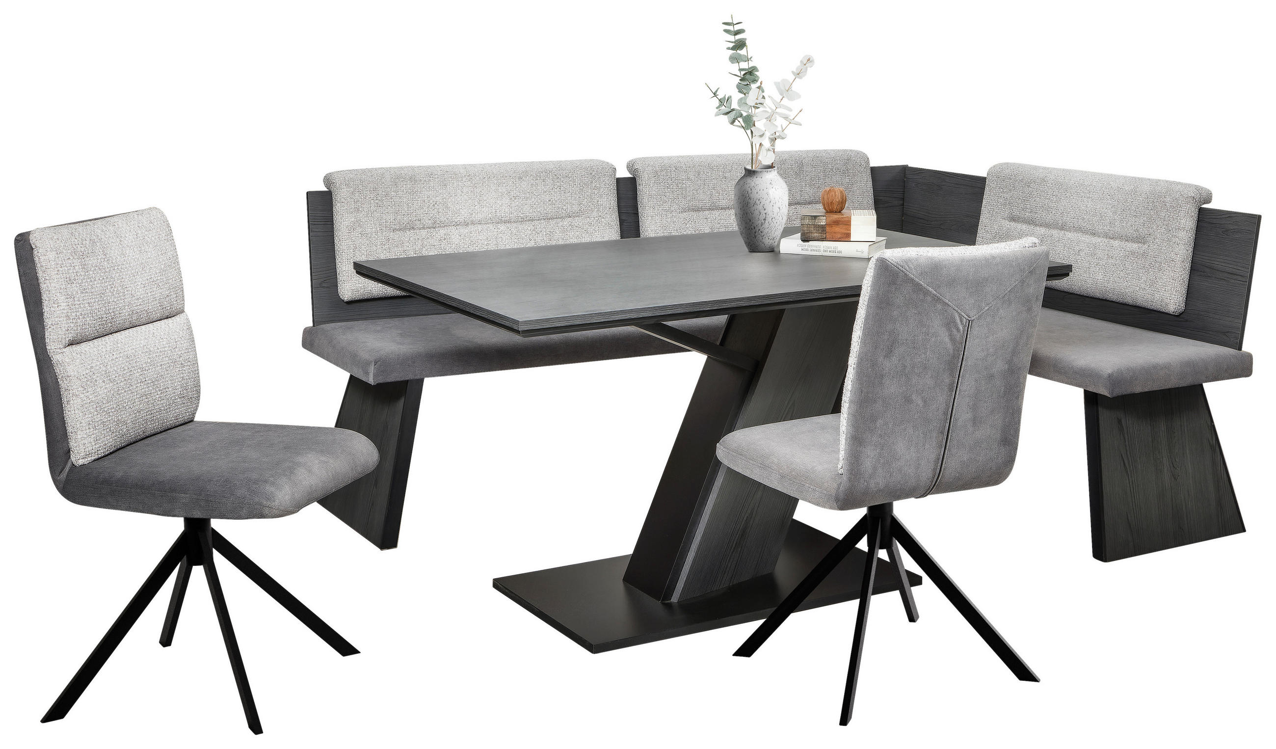 ECKBANKGRUPPE in Textil, Holzwerkstoff Grau, Schwarz, Hellgrau  - Hellgrau/Schwarz, KONVENTIONELL, Holzwerkstoff/Textil (205/155cm) - Cantus