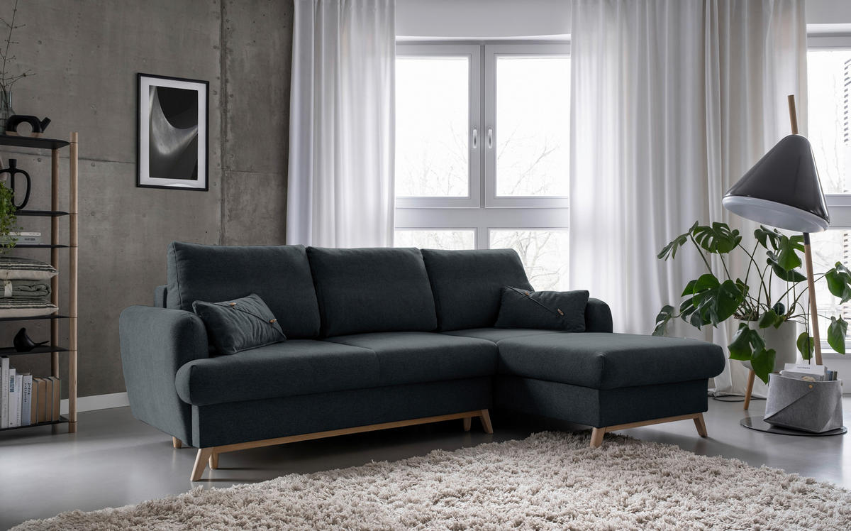 KUTNA GARNITURA tekstil  tamno siva   - tamno siva/prirodne boje, tekstil/drvo (235/157cm) - MID.YOU