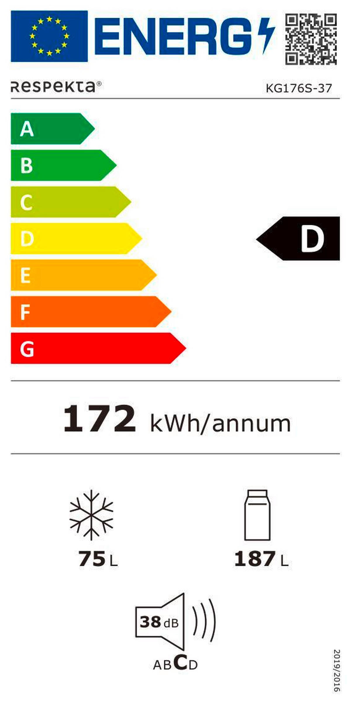 KYL-/FRYSKOMBINATION KG176S-37  - svart, Basics, metall/glas (54/176/55cm) - Respekta