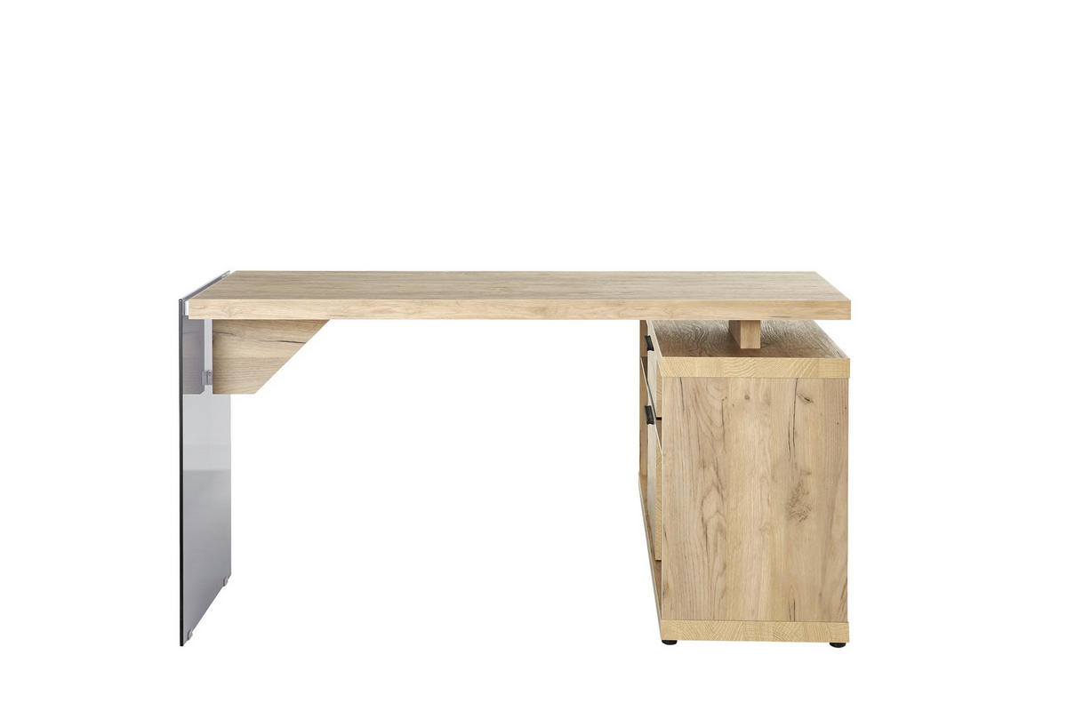 ECKSCHREIBTISCH 141,8/140/74 cm  in Eichefarben  - Eichefarben/Schwarz, Design, Glas/Holzwerkstoff (141,8/140/74cm)