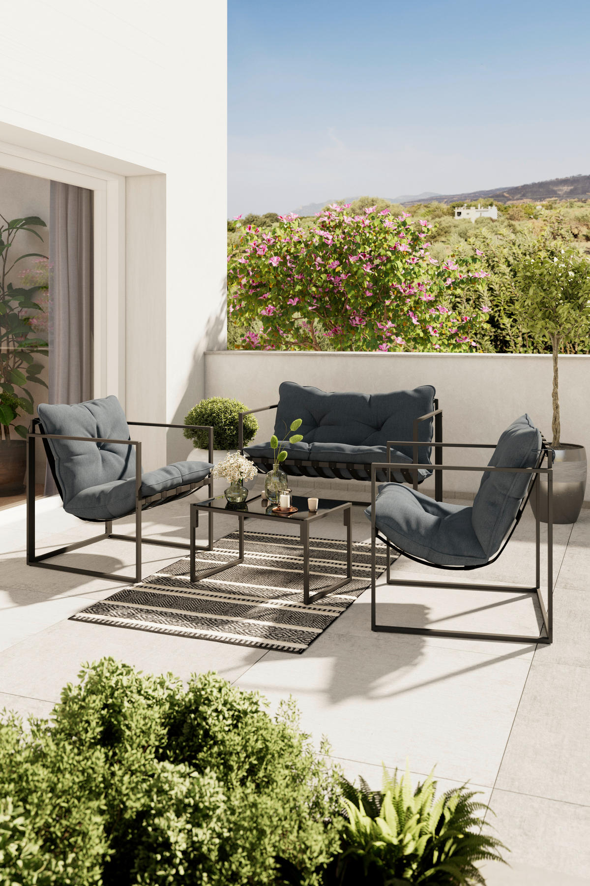 LOUNGE ÉTKEZŐGARNITÚRA 4 részes   114/67/70 cm  - fekete/sötétszürke, Trend, Üveg/textil (114/67/70cm) - Ambia Garden