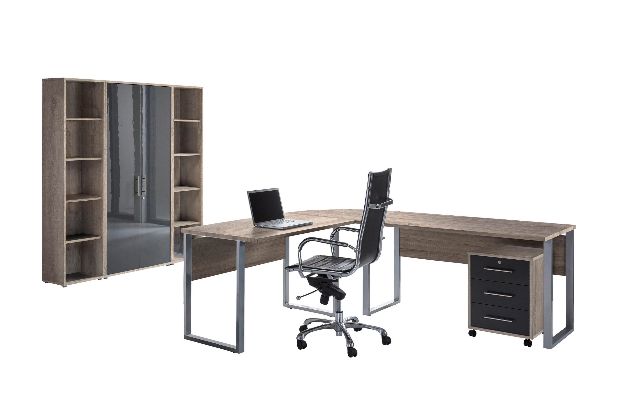 BÜRO erweiterbar, in verschiedenen Holz-Dekoren erhältlich, Schreibtisch seitenverkehrt montierbar, abschließbar Sonoma Eiche, Anthrazit Hochglanz - Anthrazit Hochglanz/Sonoma Eiche, MODERN, Holzwerkstoff - MID.YOU
