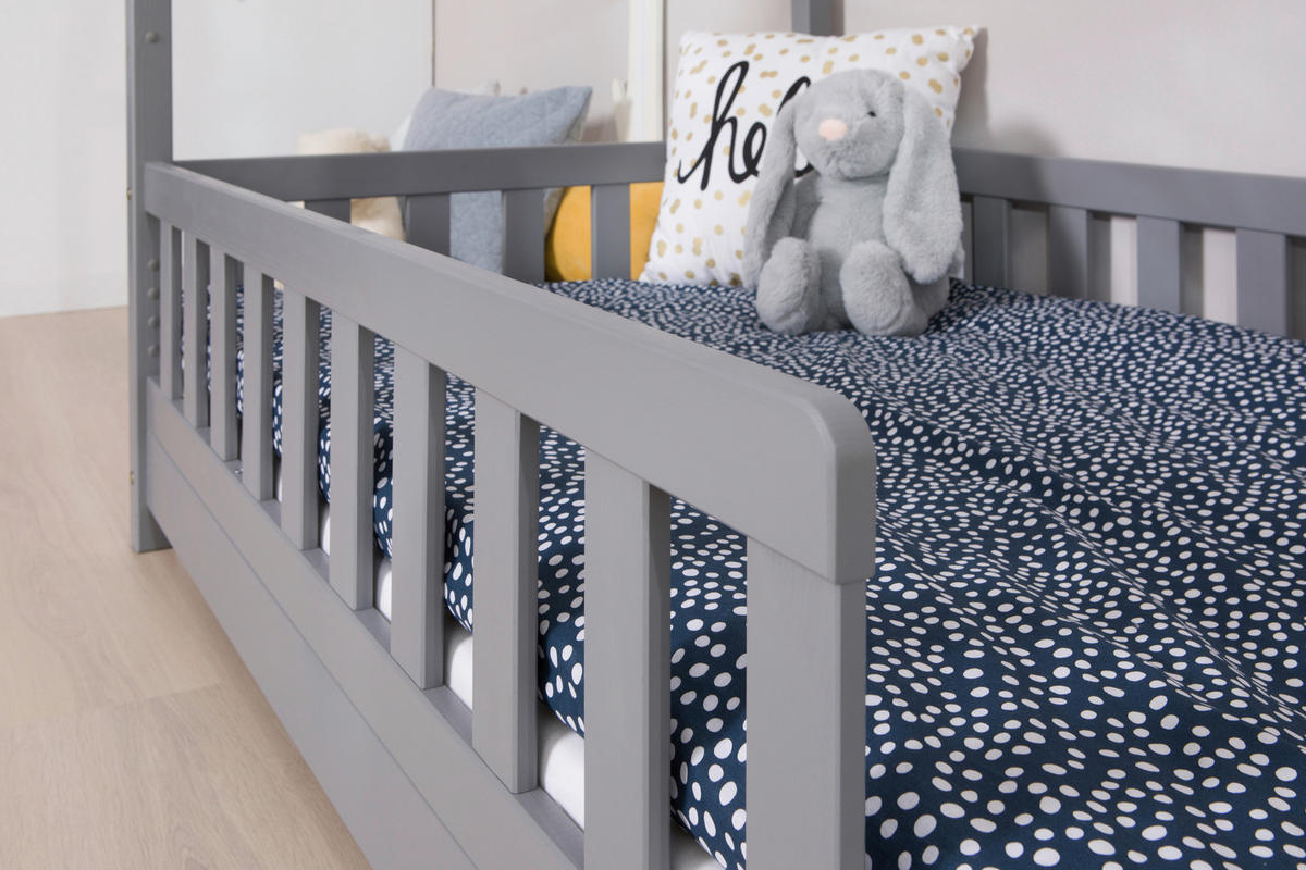 HAUSBETT 120/200 cm,  in Hellgrau, Absturzsicherung, Rollrost  - Hellgrau/Naturfarben, MODERN, Holz (120/200cm) - MID.YOU