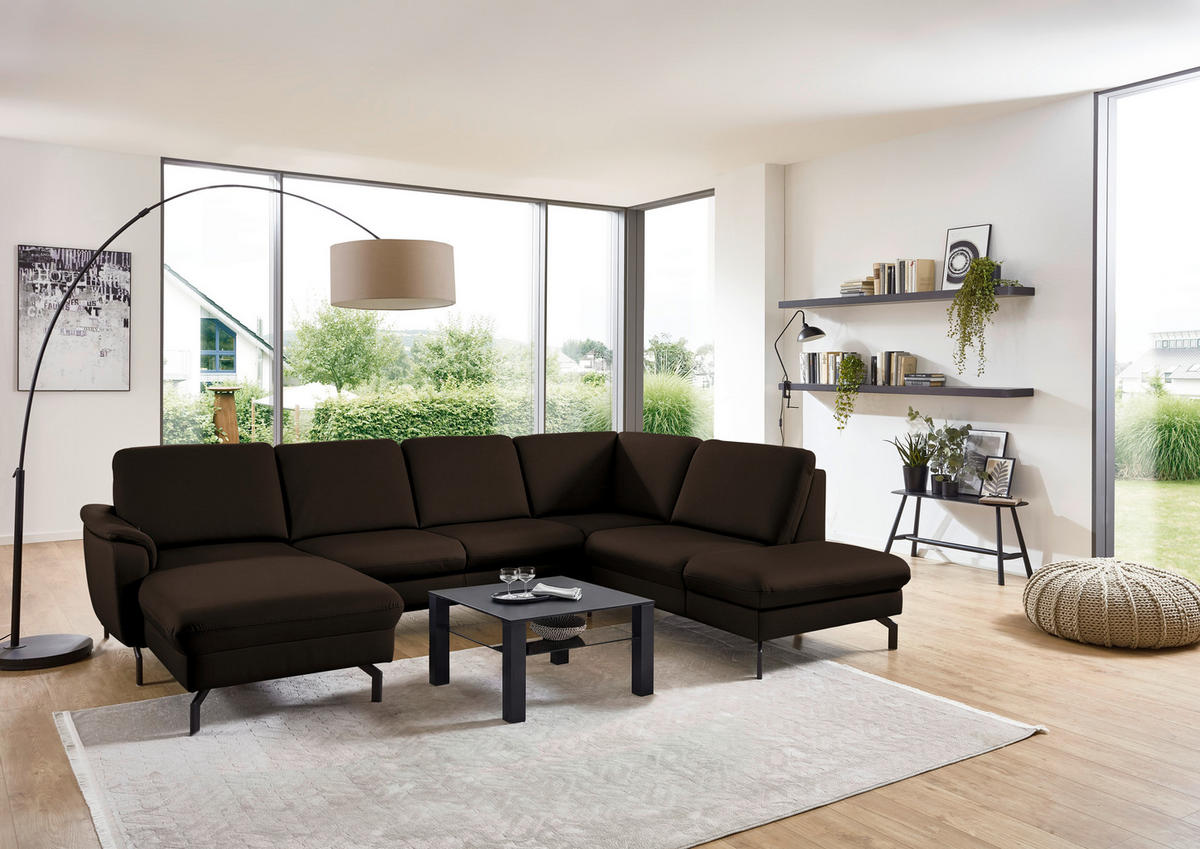 WOHNLANDSCHAFT Echtleder Dunkelbraun  - Dunkelbraun/Schwarz, Konventionell, Leder/Metall (168/306/224cm) - Beldomo Premium