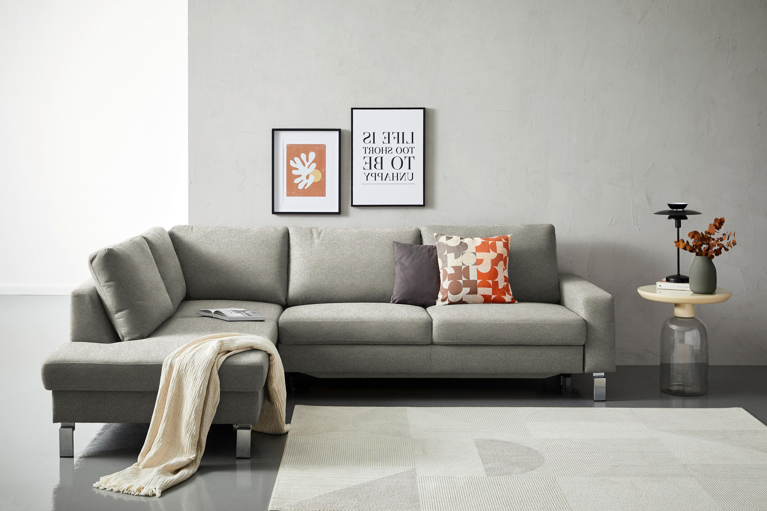 ECKSOFA in Flachgewebe Graubraun  - Chromfarben/Graubraun, Design, Textil/Metall (200/276cm) - Hom`in