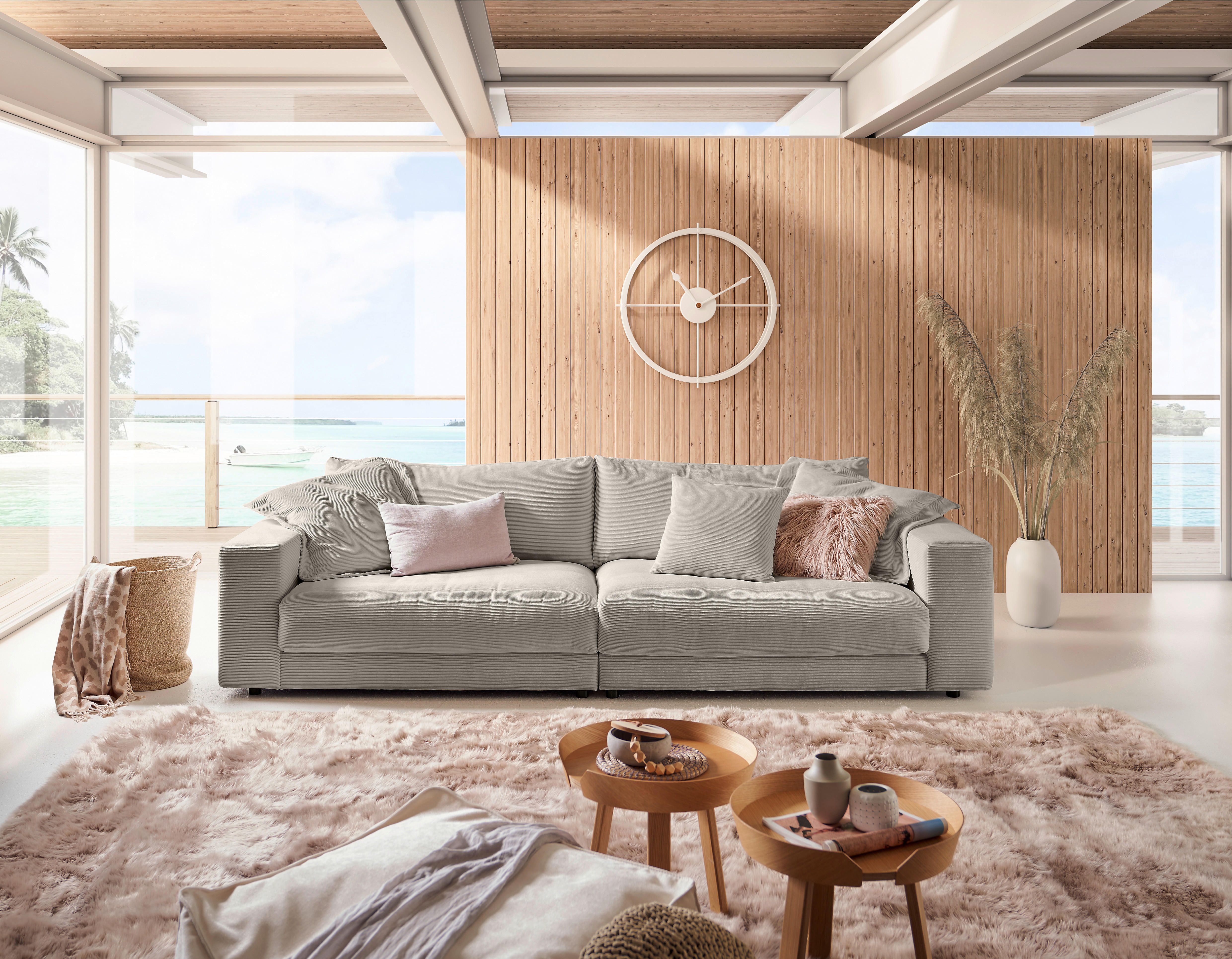 MEGASOFA Feincord Sandfarben  - Sandfarben/Schwarz, Design, Kunststoff/Textil (290/86/127cm) - Pure Home Lifestyle