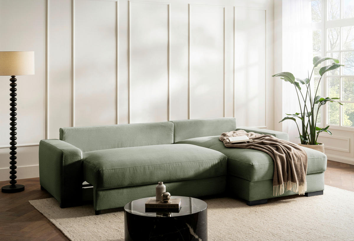 ECKSOFA Mintgrün Cord  - Schwarz/Mintgrün, Design, Holz/Textil (264/184cm) - Stylife