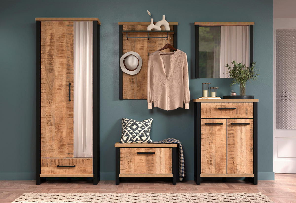 GARDEROBE 5-teilig  in 249/195/39 cm  - Schwarz/Naturfarben, Basics, Glas/Holzwerkstoff (249/195/39cm) - MID.YOU