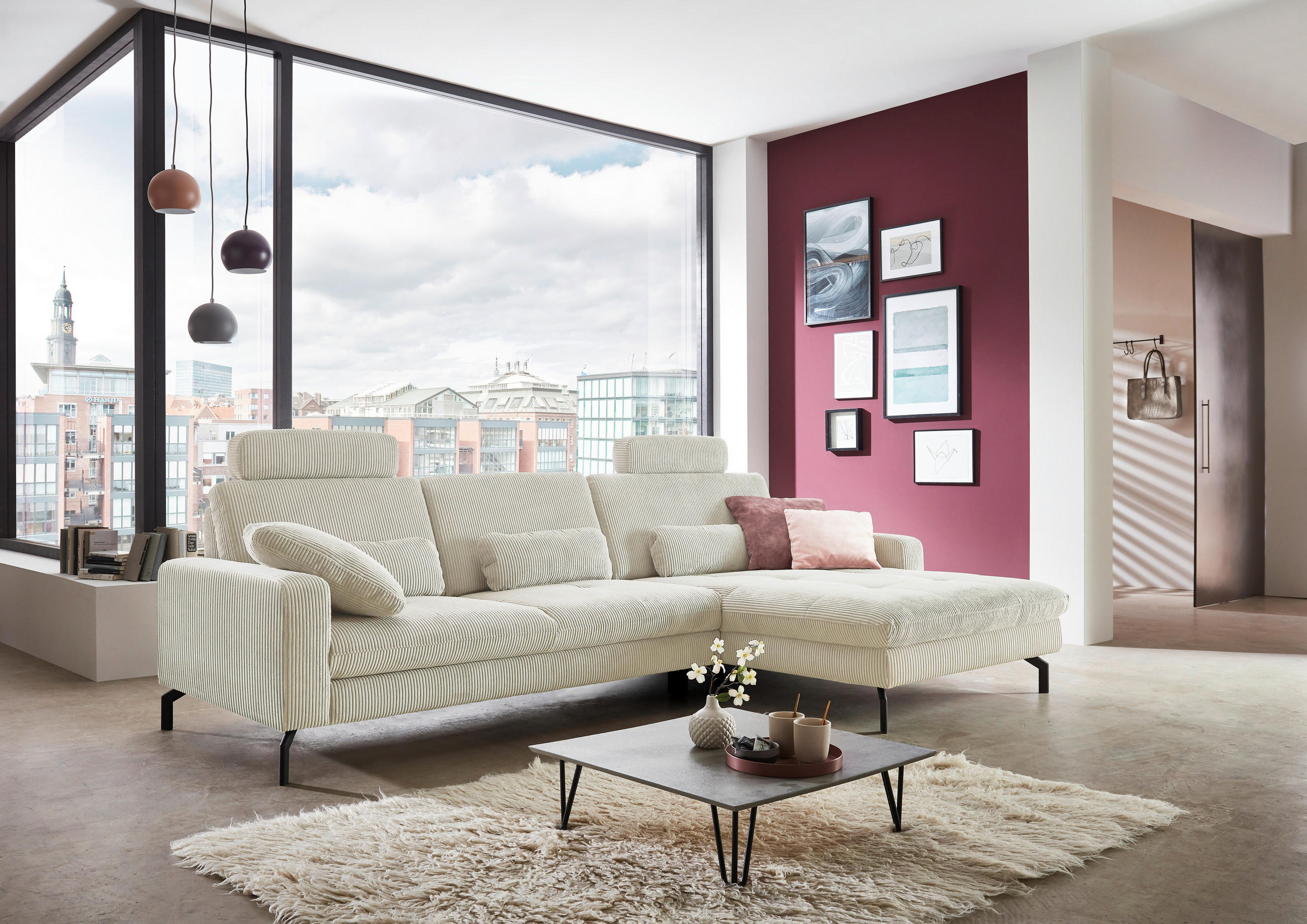 ECKSOFA in Cord Creme  - Creme/Schwarz, Design, Textil/Metall (302/178cm) - Beldomo Style