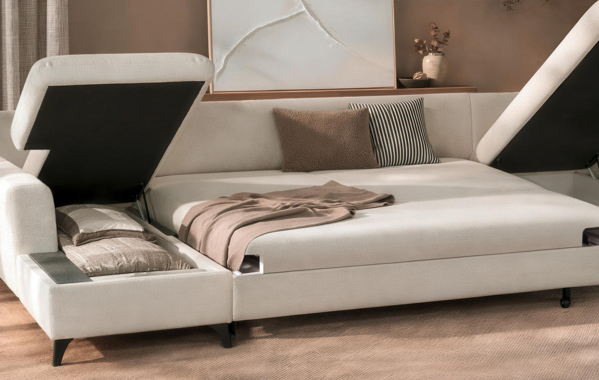 WOHNLANDSCHAFT Beige Chenille  - Beige/Schwarz, KONVENTIONELL, Textil/Metall (188/340/160cm) - Xora