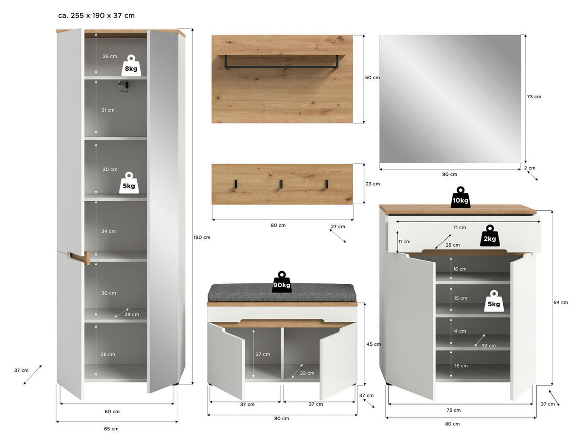 GARDEROBE 6-teilig  in 255/190/37 cm  - Weiß/Eiche Artisan, Design, Holzwerkstoff (255/190/37cm) - MID.YOU