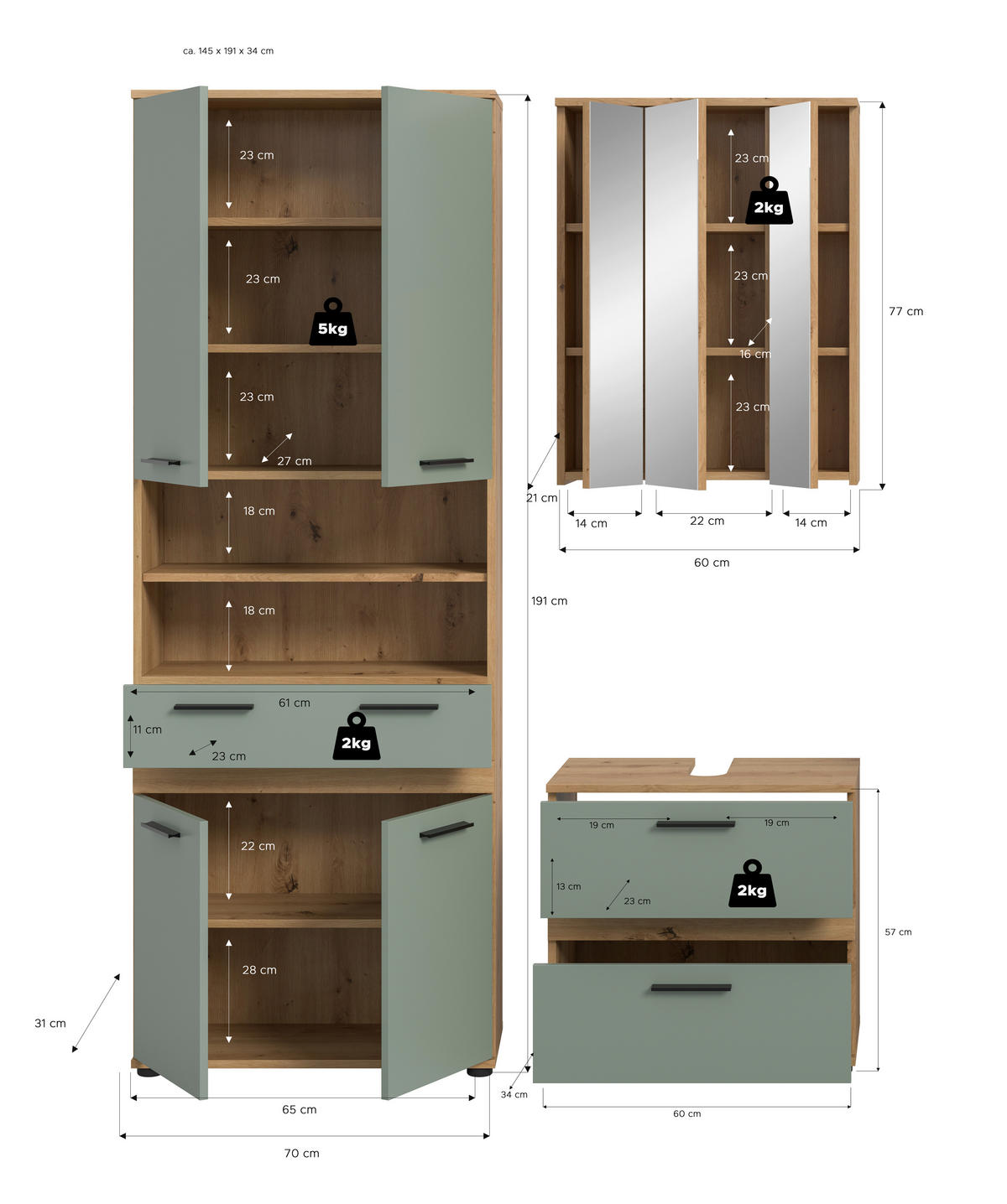 BADEZIMMER 3-teilig  in 145 cm  - Salbeigrün/Schwarz, Trend, Glas/Holzwerkstoff (145cm) - MID.YOU
