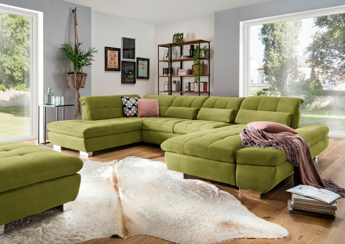 WOHNLANDSCHAFT in Mikrofaser Hellgrün  - Chromfarben/Hellgrün, Design, Kunststoff/Textil (211/350/204cm) - Xora