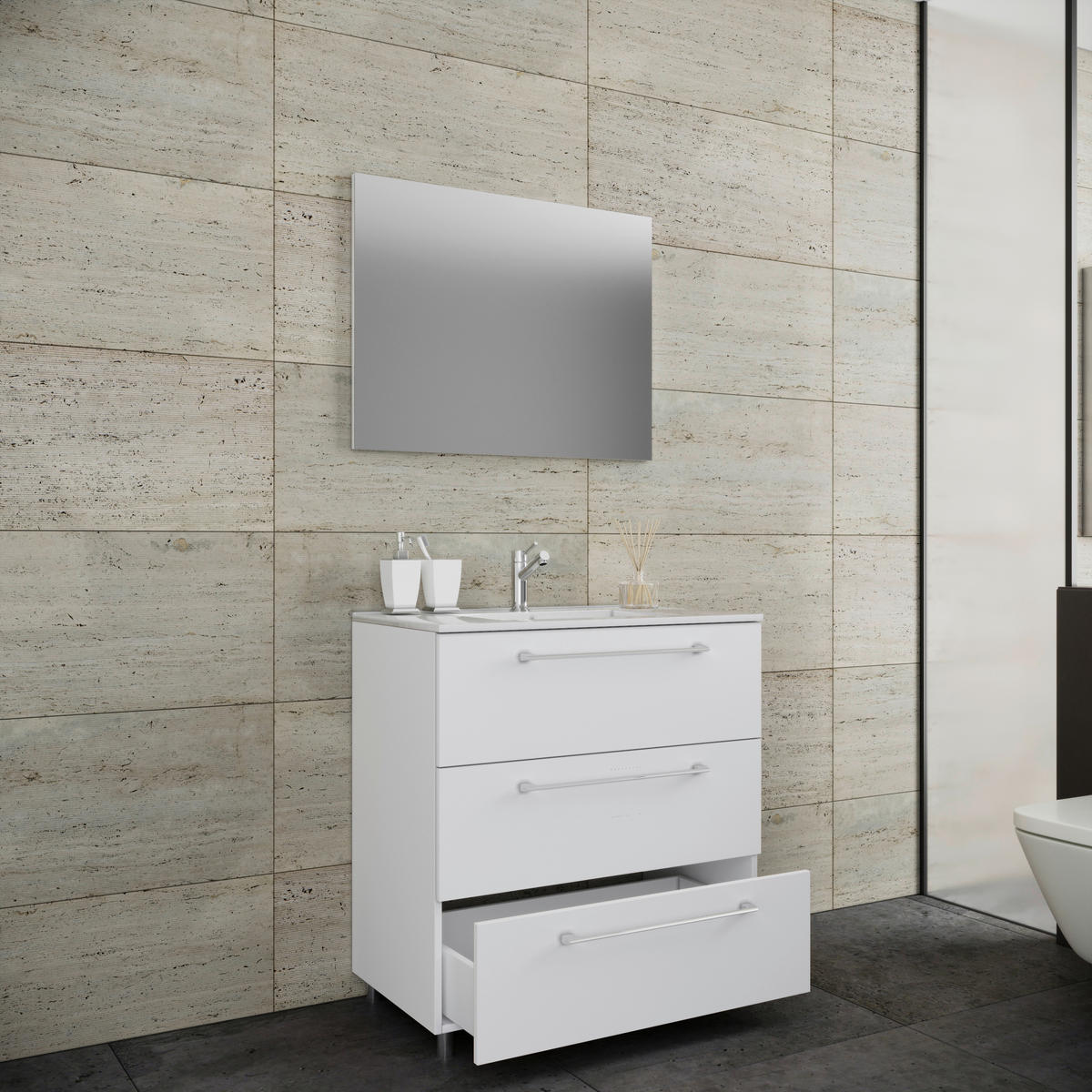 BADEZIMMER 3-teilig  in 80 cm  - Alufarben/Weiß, MODERN, Keramik/Holzwerkstoff (80cm) - MID.YOU