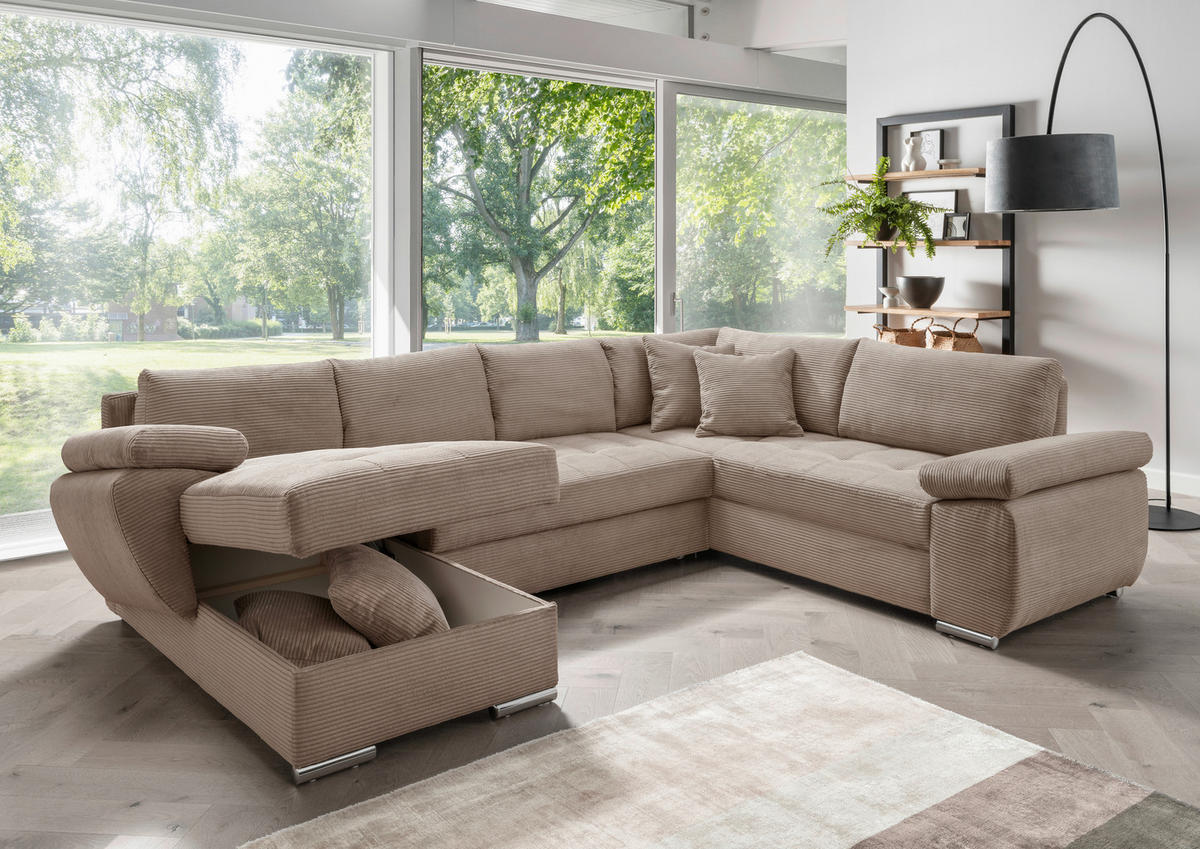 WOHNLANDSCHAFT in Cord Graubraun  - Chromfarben/Graubraun, Konventionell, Textil/Metall (157/305/219cm) - Livetastic