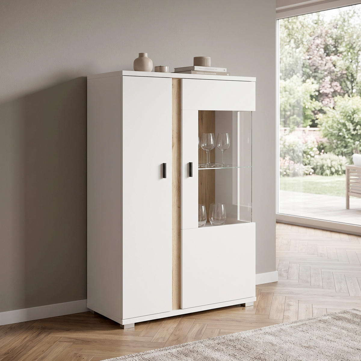HIGHBOARD , 80/125/35 cm,  - Silberfarben/Eiche Wotan, Design, Glas/Holzwerkstoff (80/125/35cm) - MID.YOU