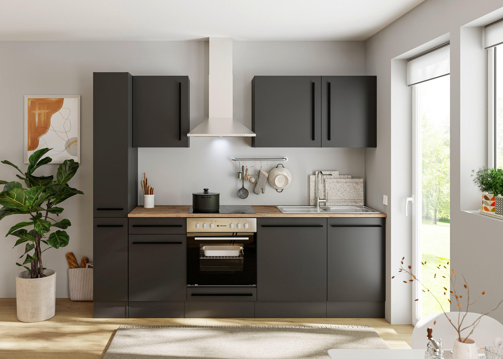KÜCHENBLOCK 250 cm  in Schwarz  - Eichefarben/Schwarz, LIFESTYLE, Holzwerkstoff/Kunststoff (250cm) - P & B