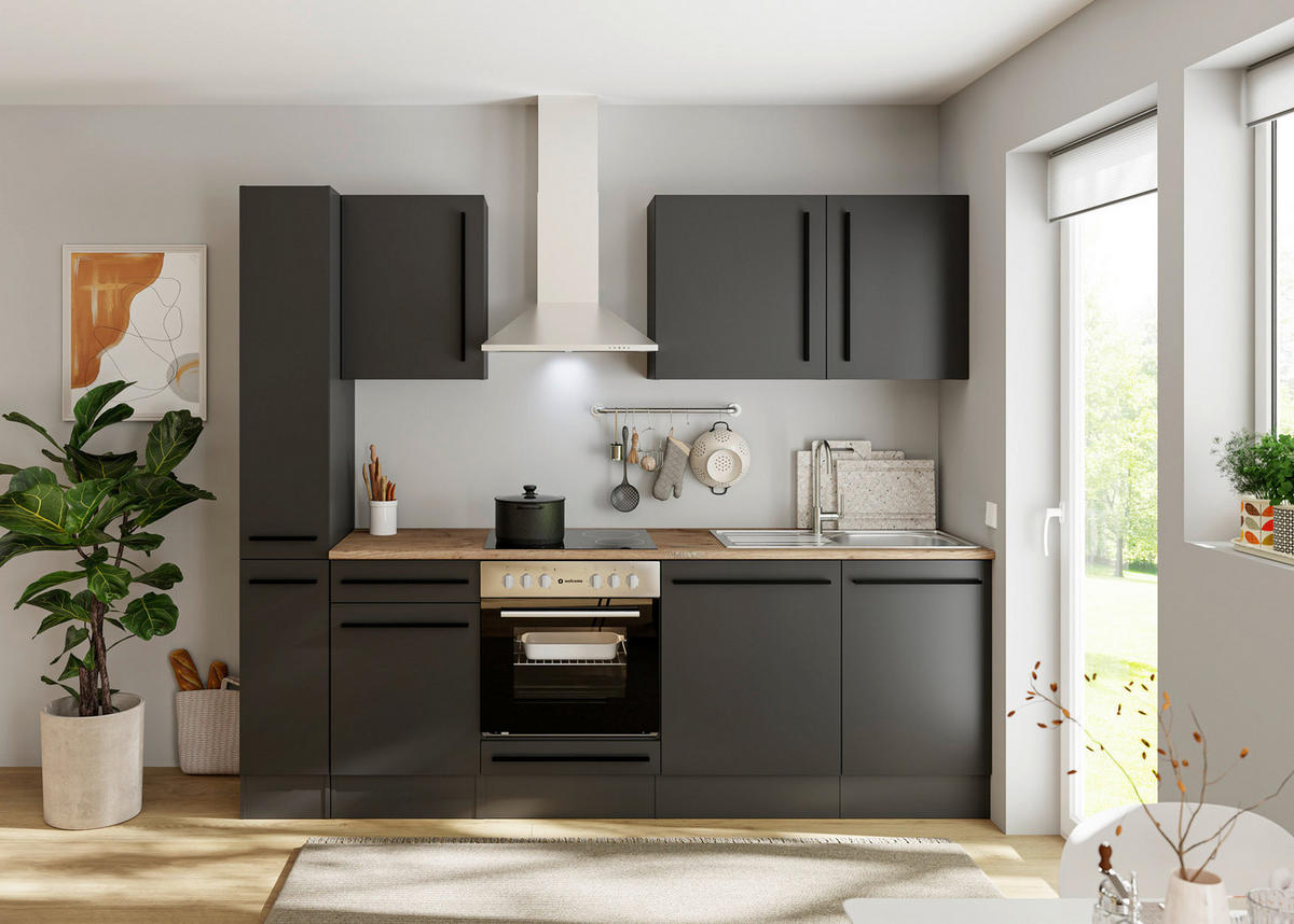 KÜCHENBLOCK 250 cm  in Schwarz  - Eichefarben/Schwarz, LIFESTYLE, Holzwerkstoff/Kunststoff (250cm) - P & B