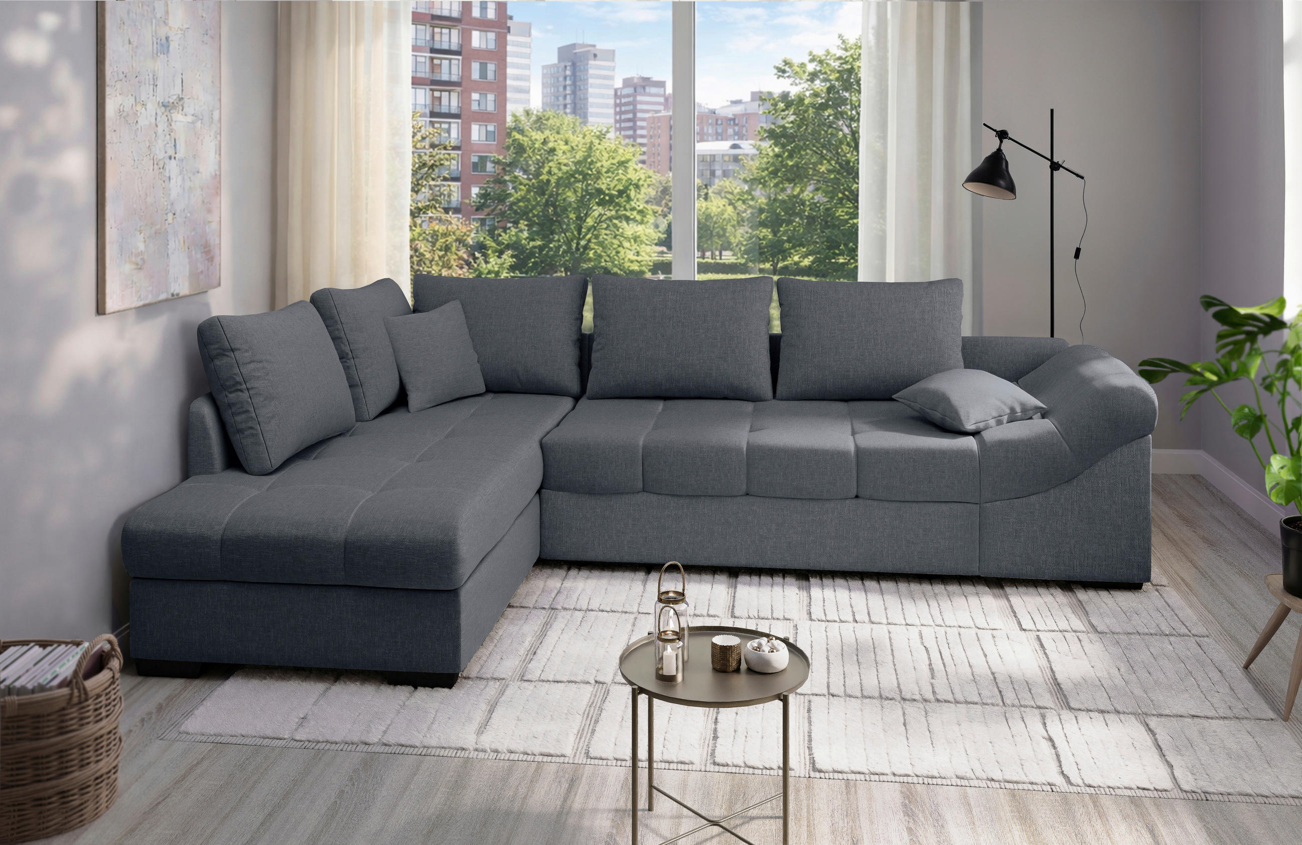 ECKSCHLAFSOFA Alvito in Mikrofaser Anthrazit  - Anthrazit/Schwarz, MODERN, Holz/Textil (202/298cm) - MID.YOU