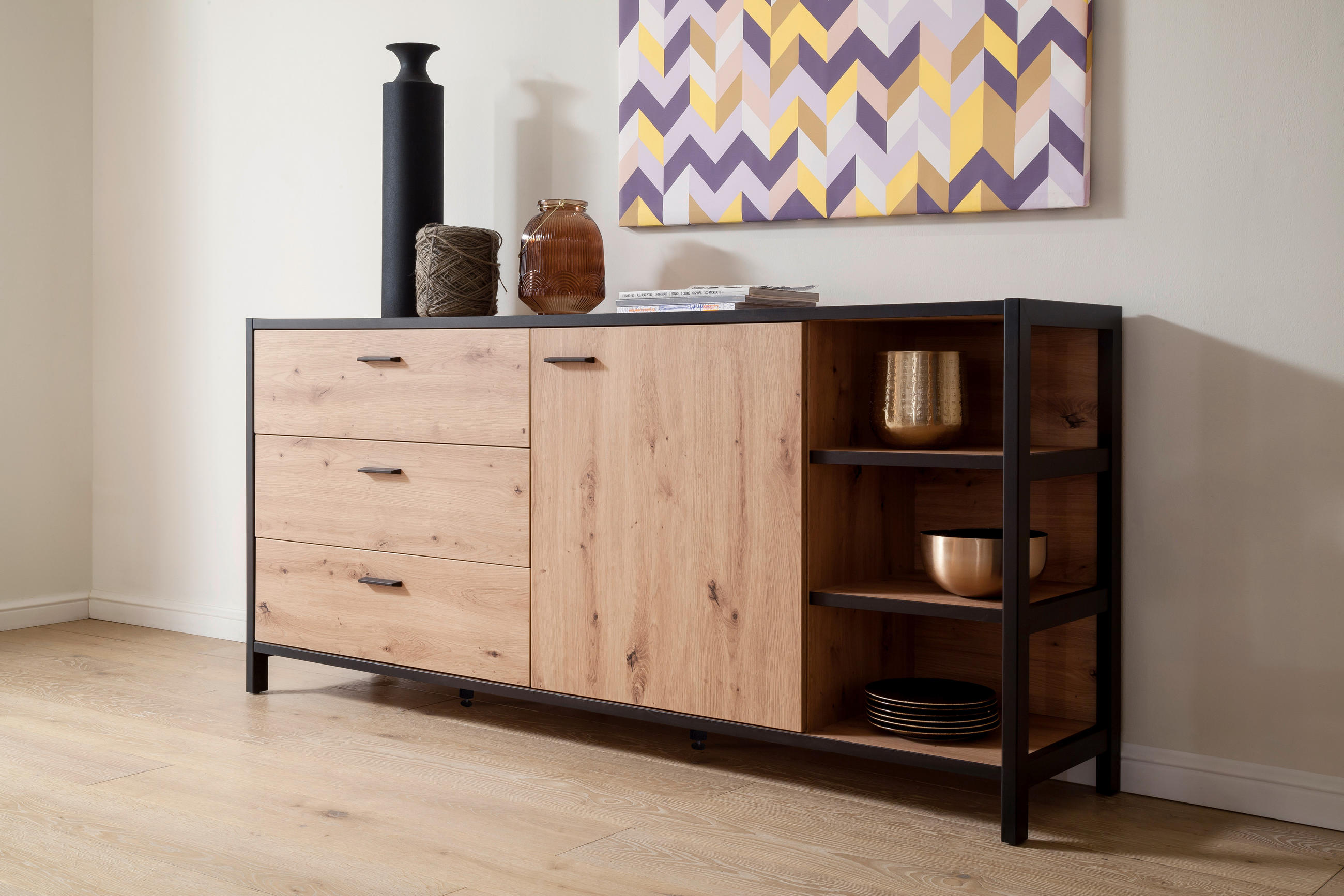 SIDEBOARD  in 180/83/40 cm  - Eichefarben/Anthrazit, Design, Holzwerkstoff/Metall (180/83/40cm) - Carryhome