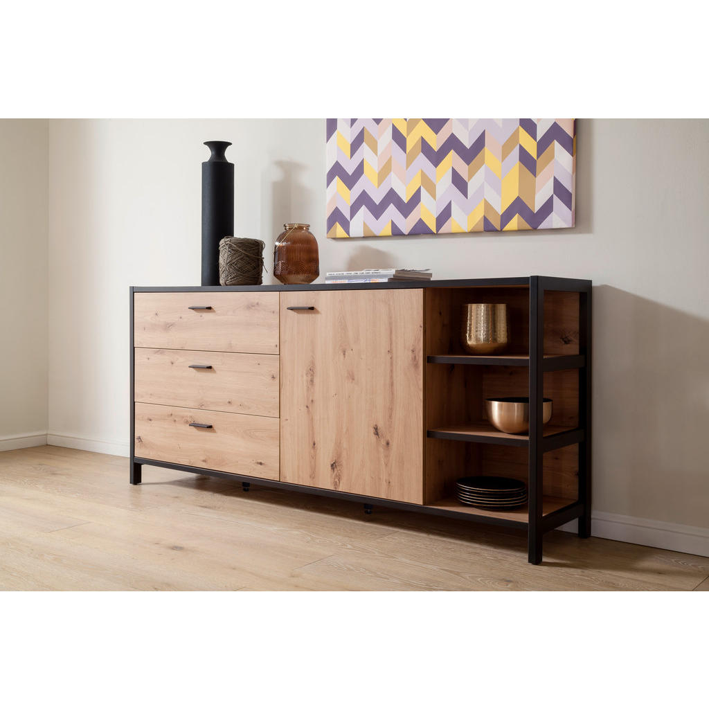 Thumbnail - Carryhome Sideboard, Anthrazit, Eiche, Holzwerkstoff, 3 Fächer, 3 Schubladen, 180x83x40 cm, Beimöbel erhältlich, Schlafz...