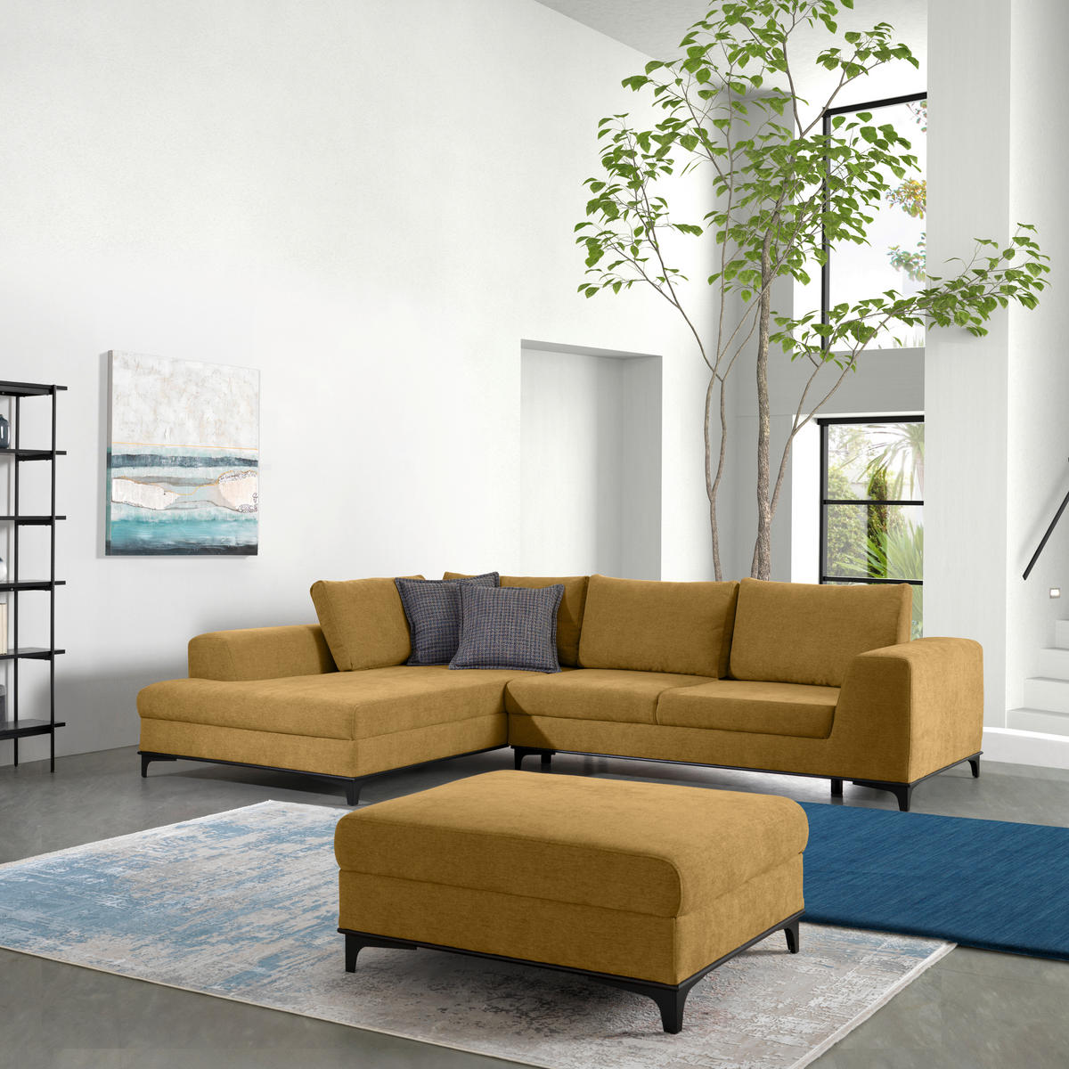 ECKSOFA inkl. Funktionen Senfgelb Webstoff Rückenkissen, Bettkasten, Schlaffunktion, Rücken echt  - Wengefarben/Senfgelb, Design, Holz/Textil (211/314cm) - Stylife
